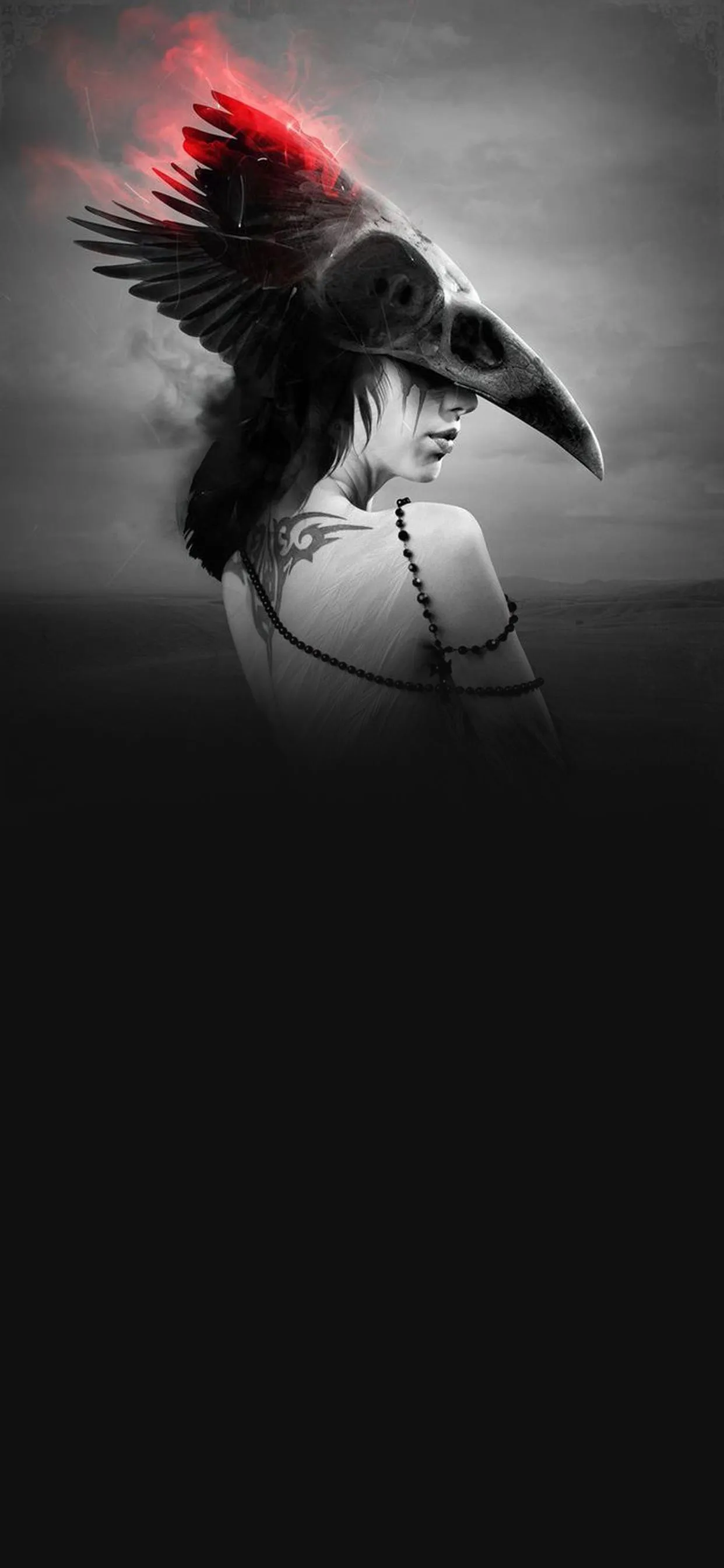 Mysterious Woman Wearing Dark Raven Skull Headpiece