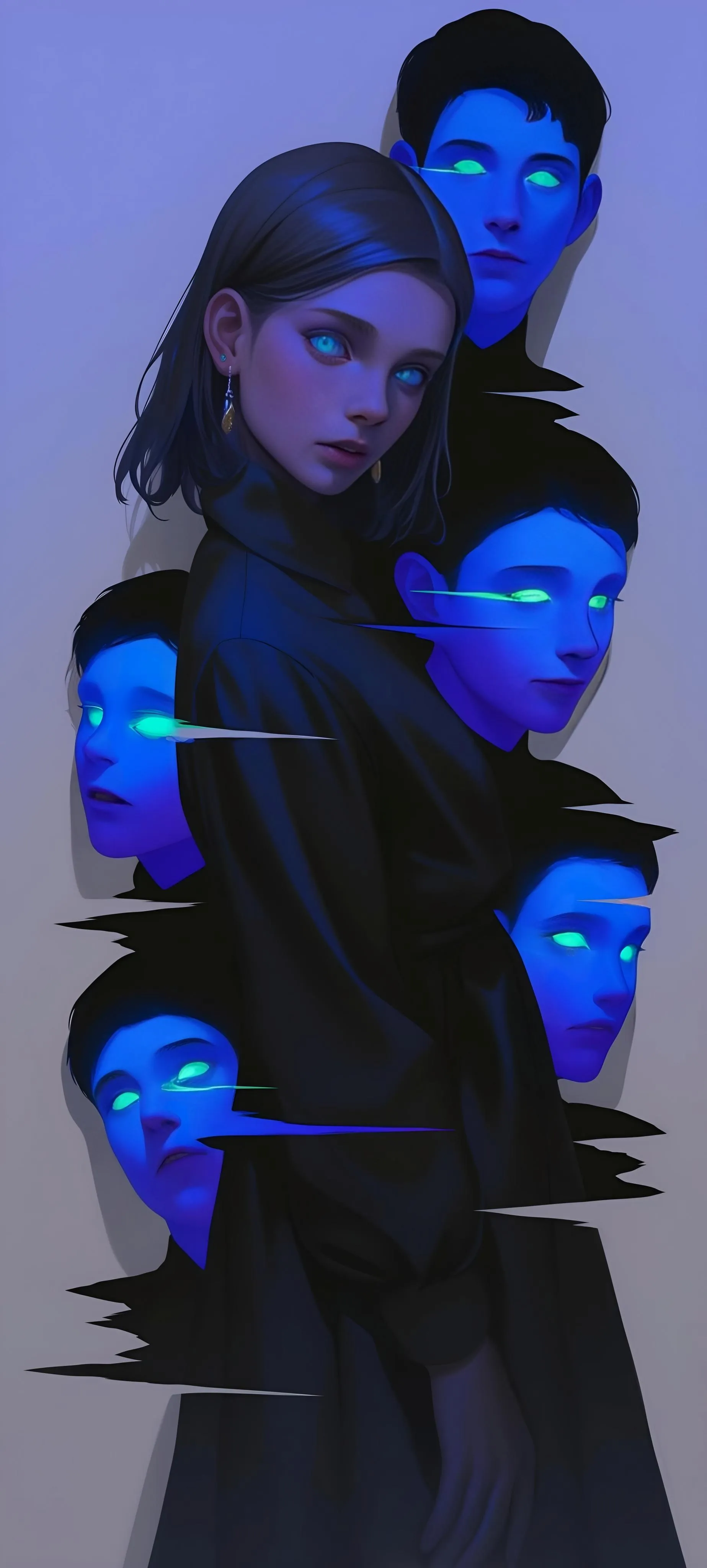 Mysterious Woman with Glowing Eyes and Blue Spirits