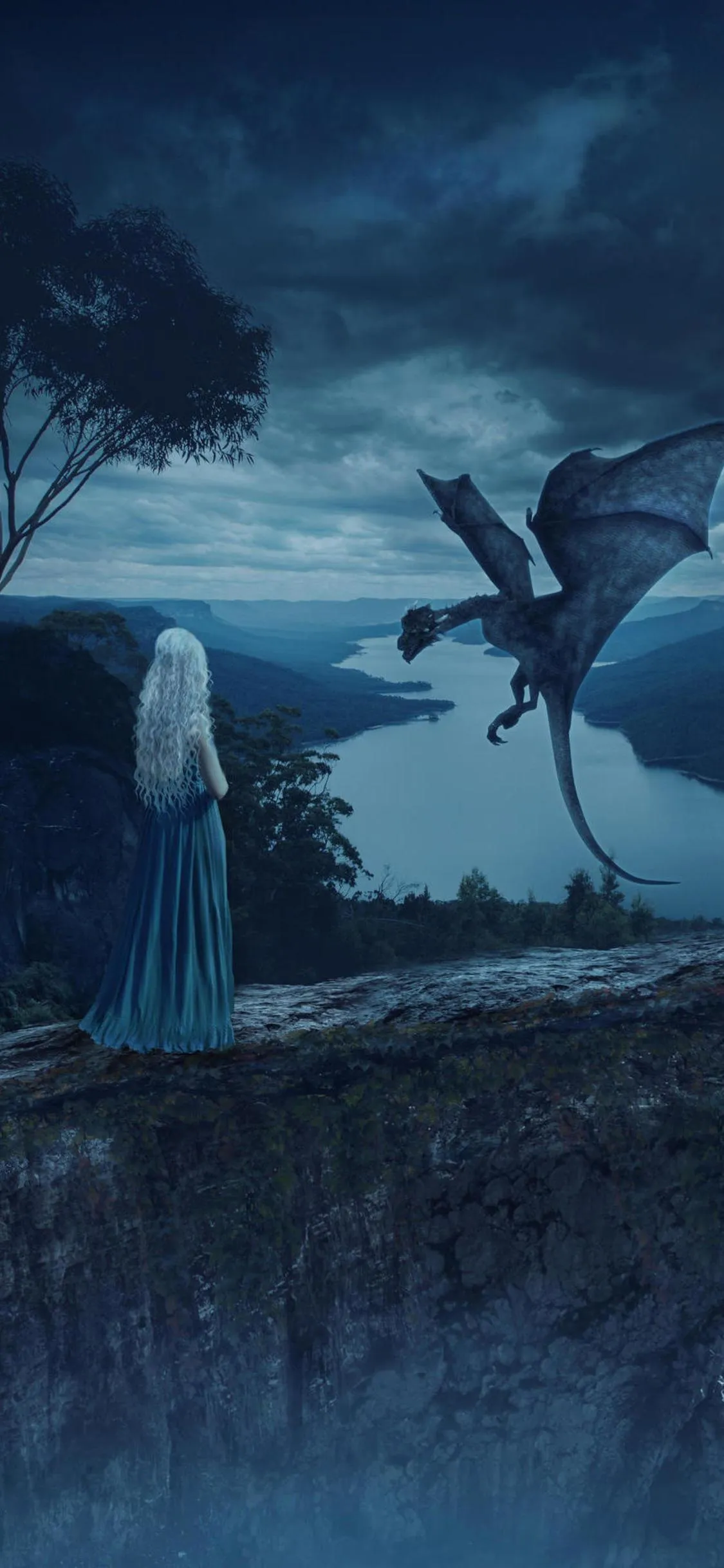 Mystic Dawn as Woman Meets Dragon Above Serene Valley Lake