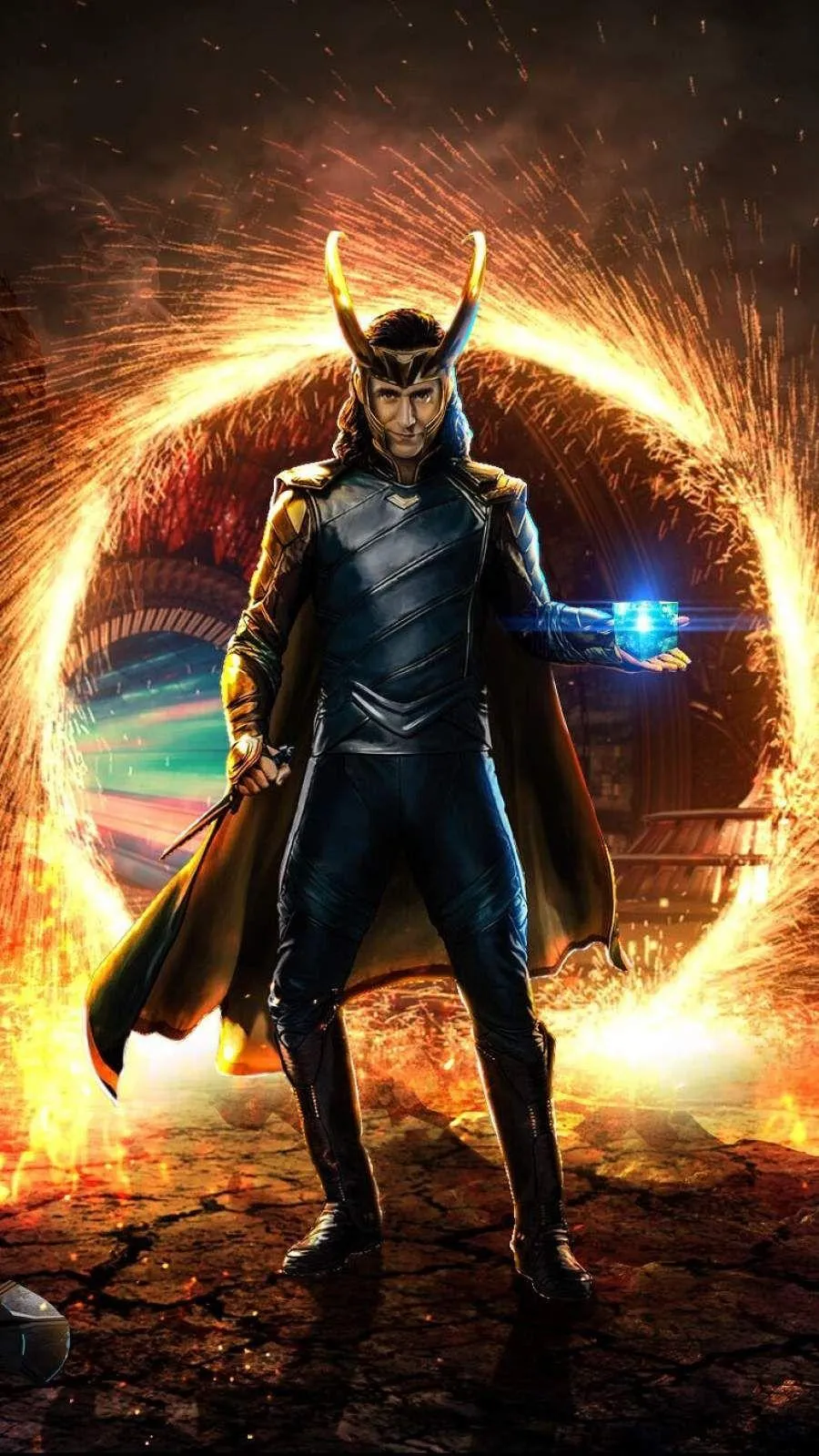 Mystic Loki Commands Cosmic Power in Fiery Portal Wallpaper