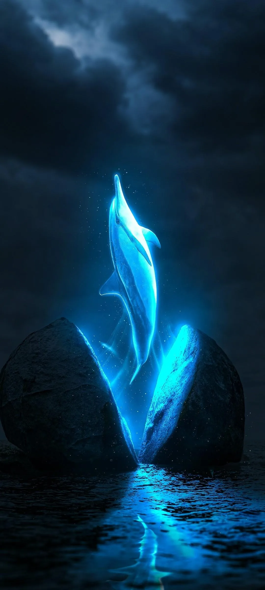 Mystical Dolphin of Light Rising from Ocean Stones Wallpaper