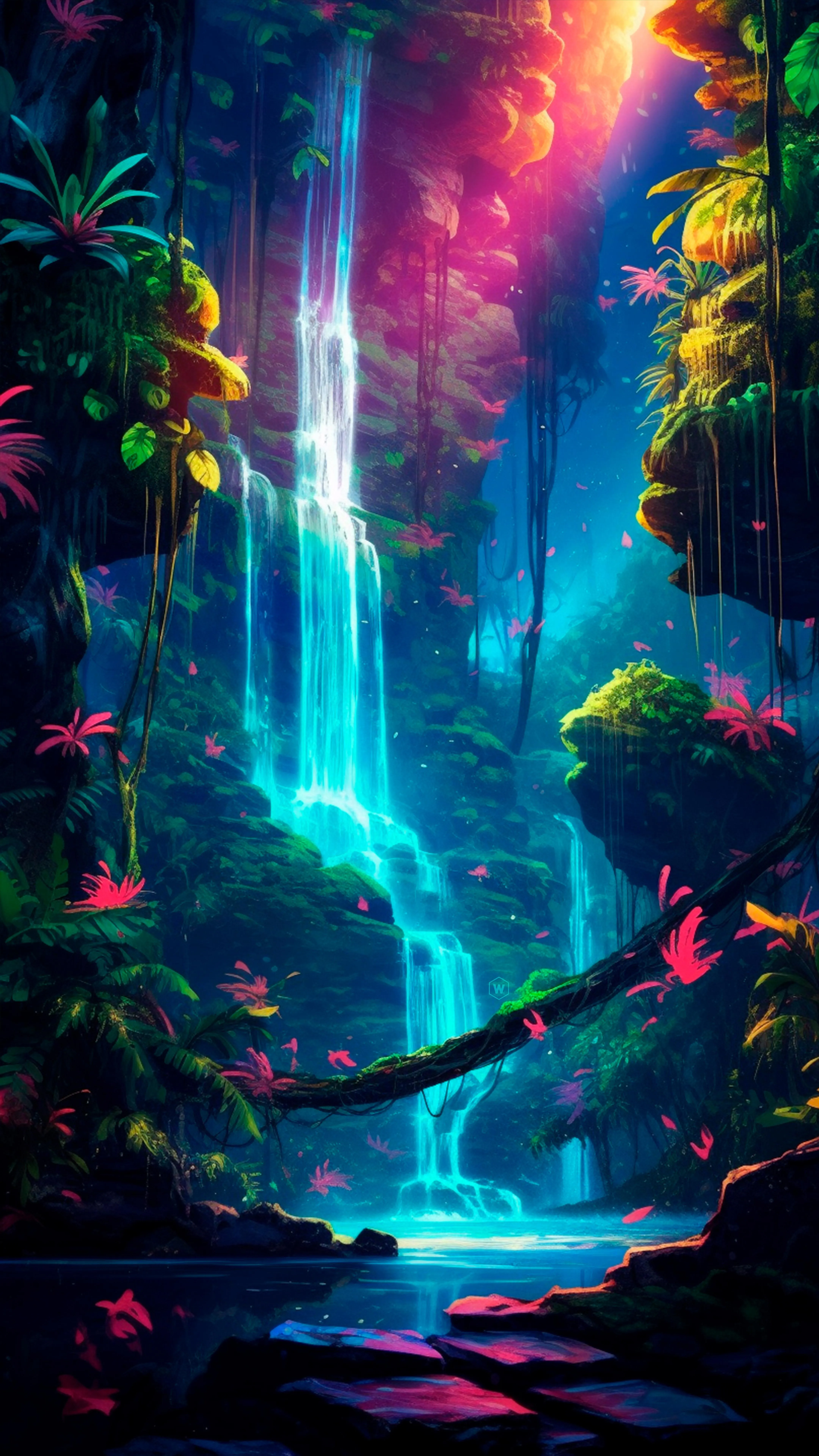 Mystical Forest with Glowing Blue Waterfall Free Image
