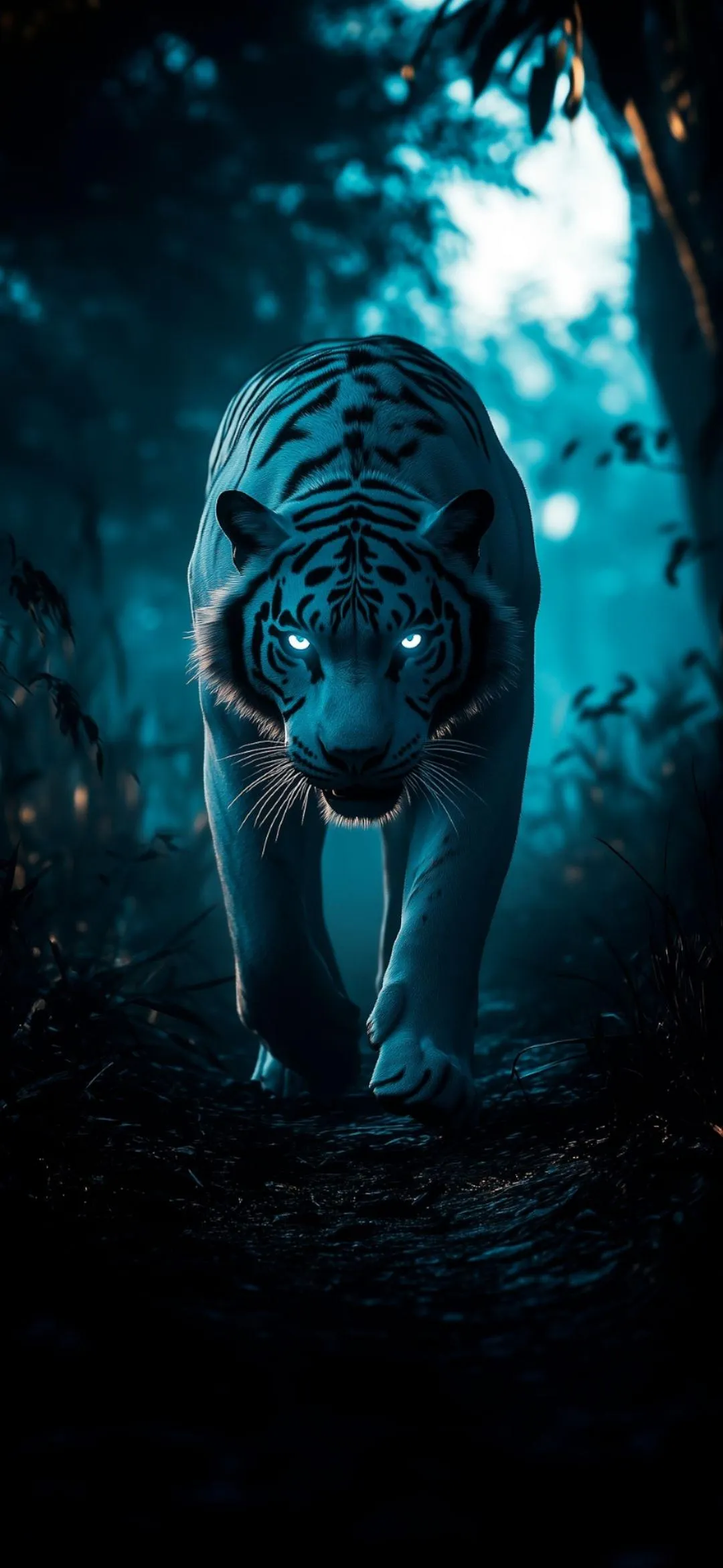 Mystical White Tiger Glowing Eyes in Enchanted Forest