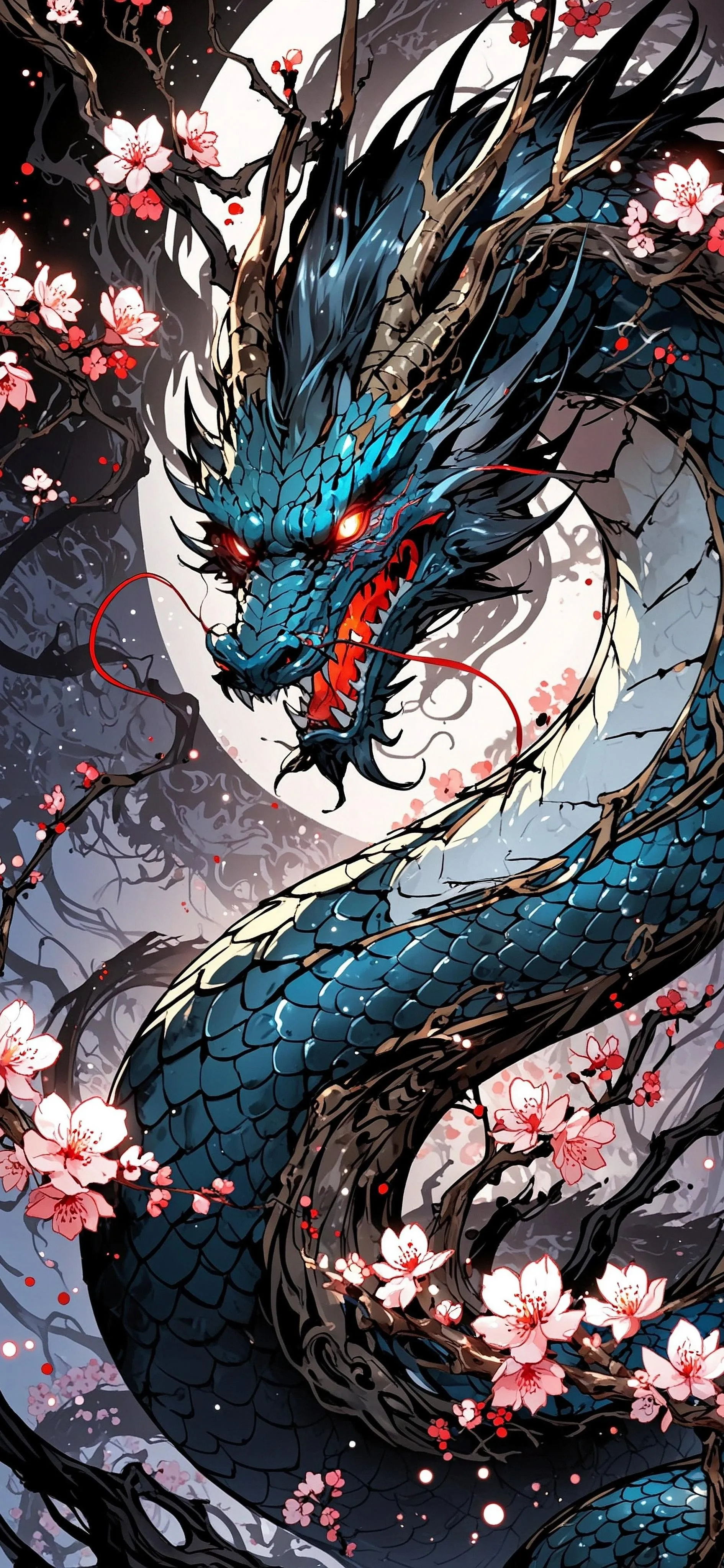 Mythical Blue Dragon Surrounded by Flowers and Mist