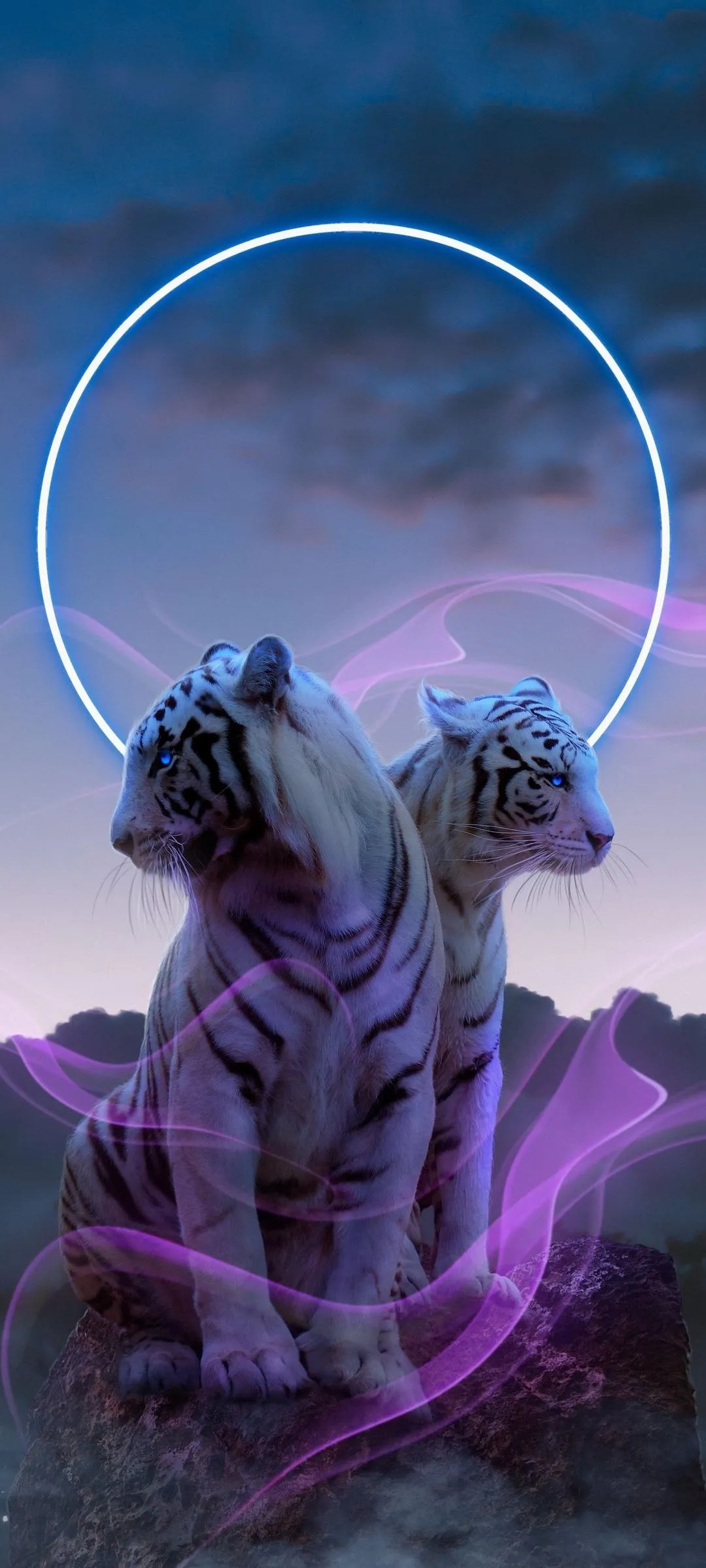 Mythical White Tigers with Neon Aura in Futuristic Setting