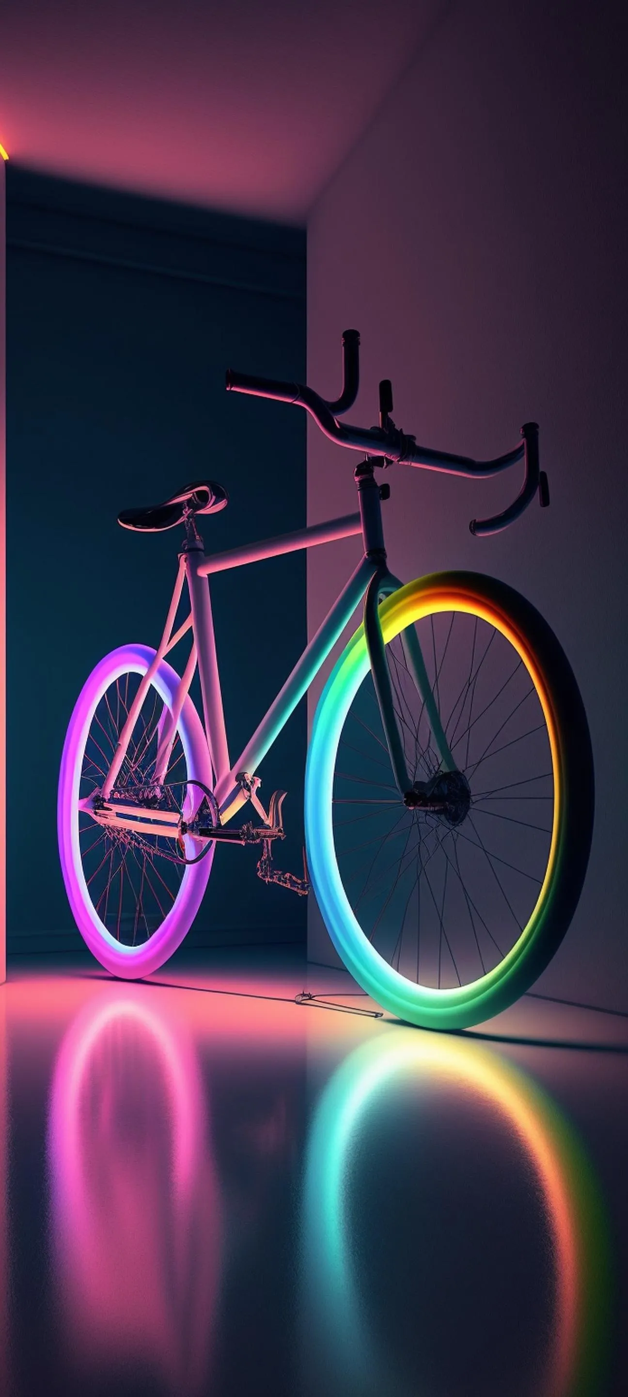 Neon Bicycle Glowing In Dark Room With Reflective Floor