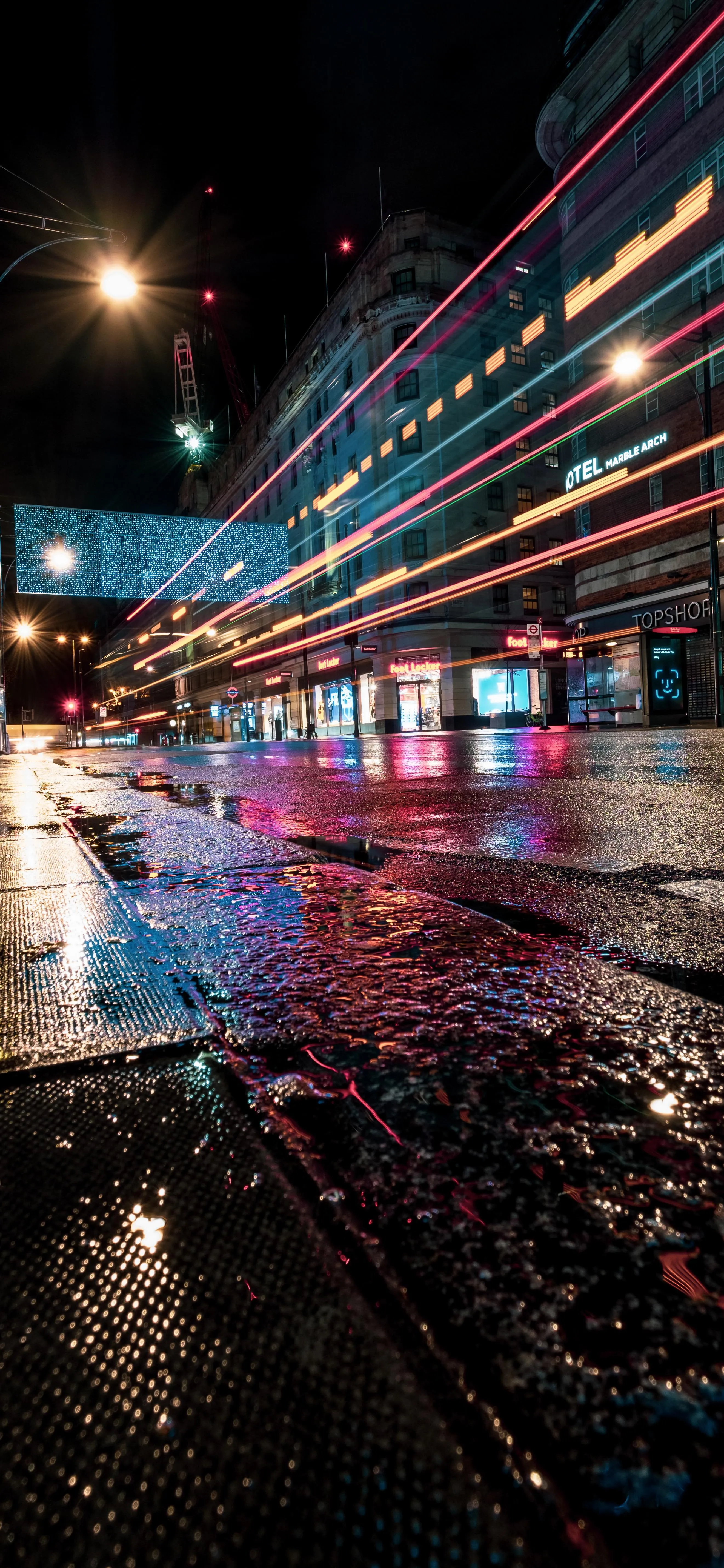 Neon City Street at Night with Rain Reflection Wallpaper