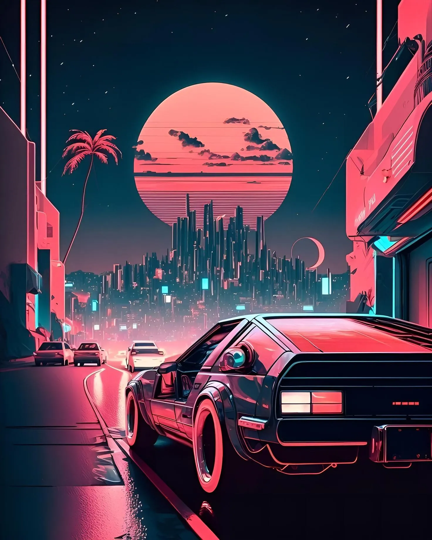 Neon City Street With Car Under Pink Blue Night Sky