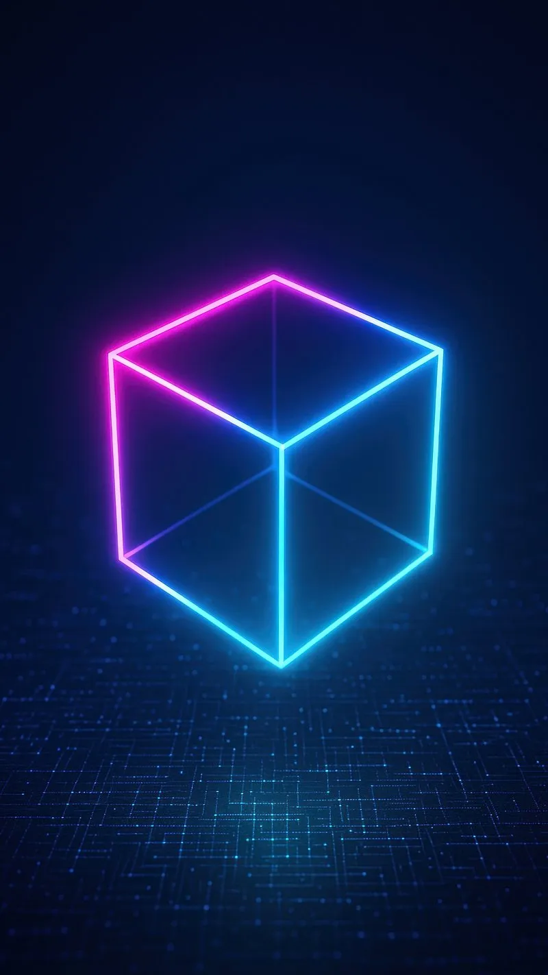Neon Cube Floating in Dark Space with Futuristic Style