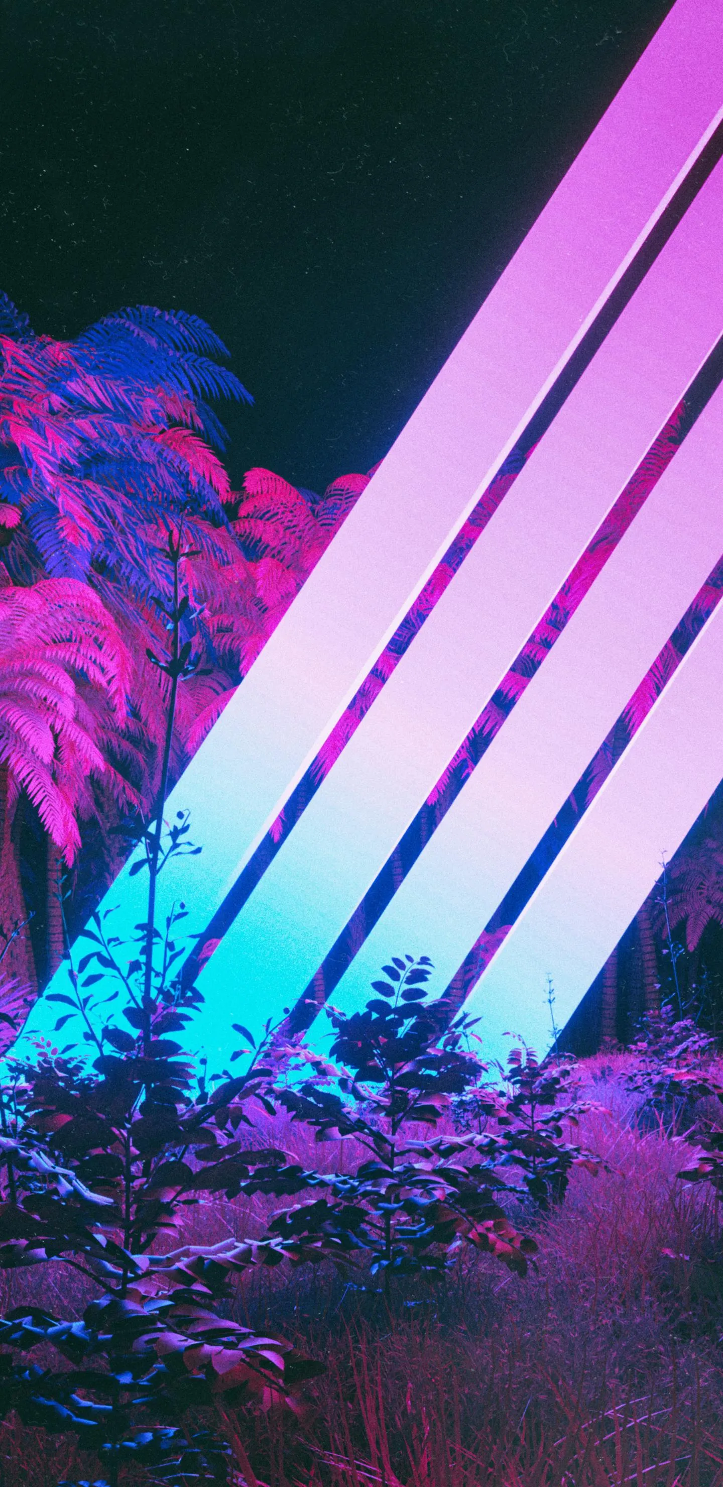 Neon Diagonal Lights in Dark Forest with Retro Vibes