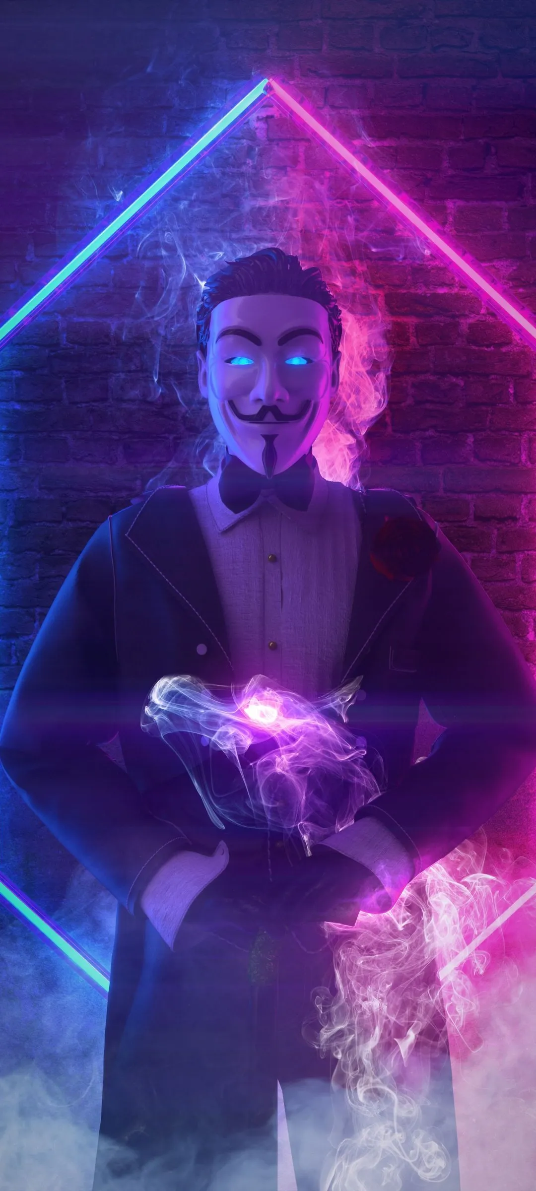 Neon Futuristic Man in Glowing Triangle with Purple Pink Lights