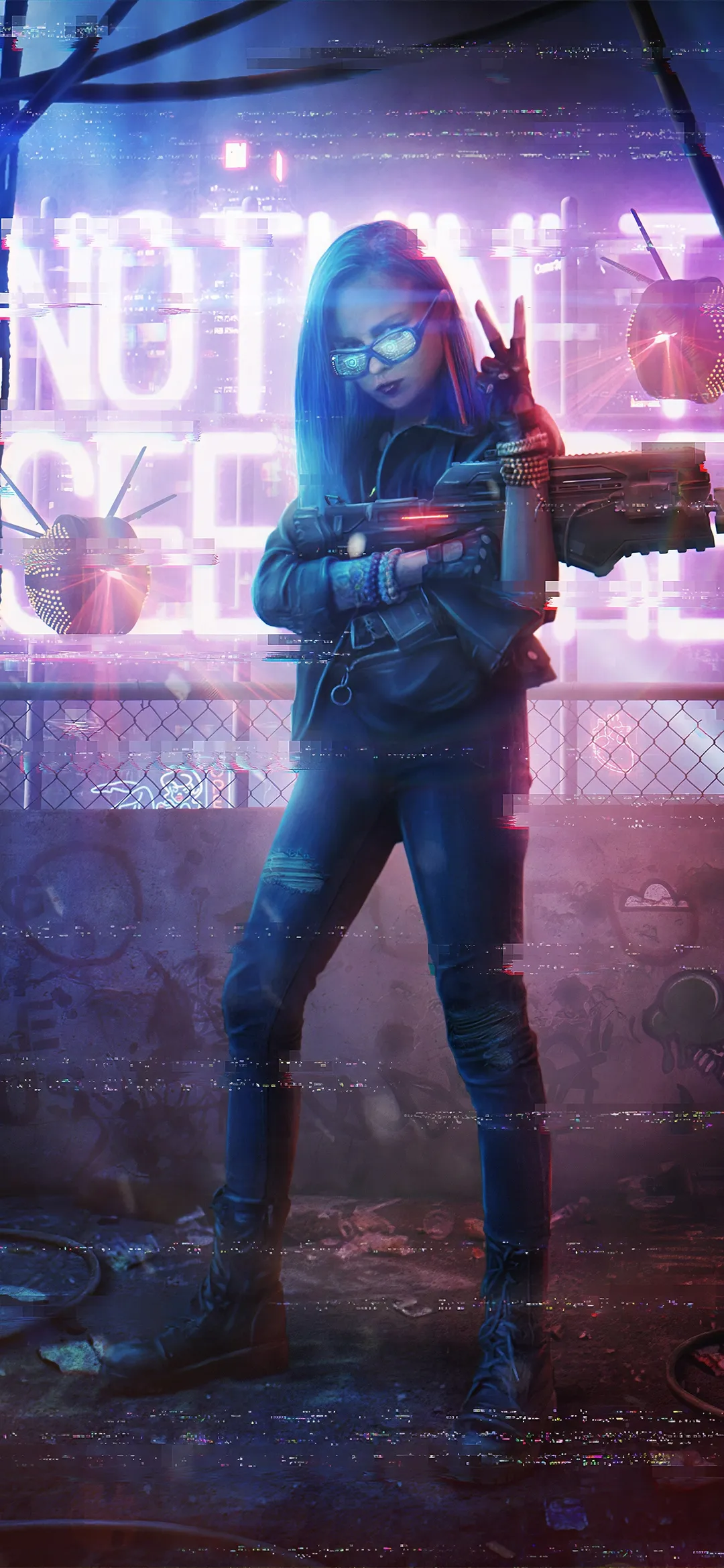 Neon Light Woman Standing Alone in Futuristic Setting