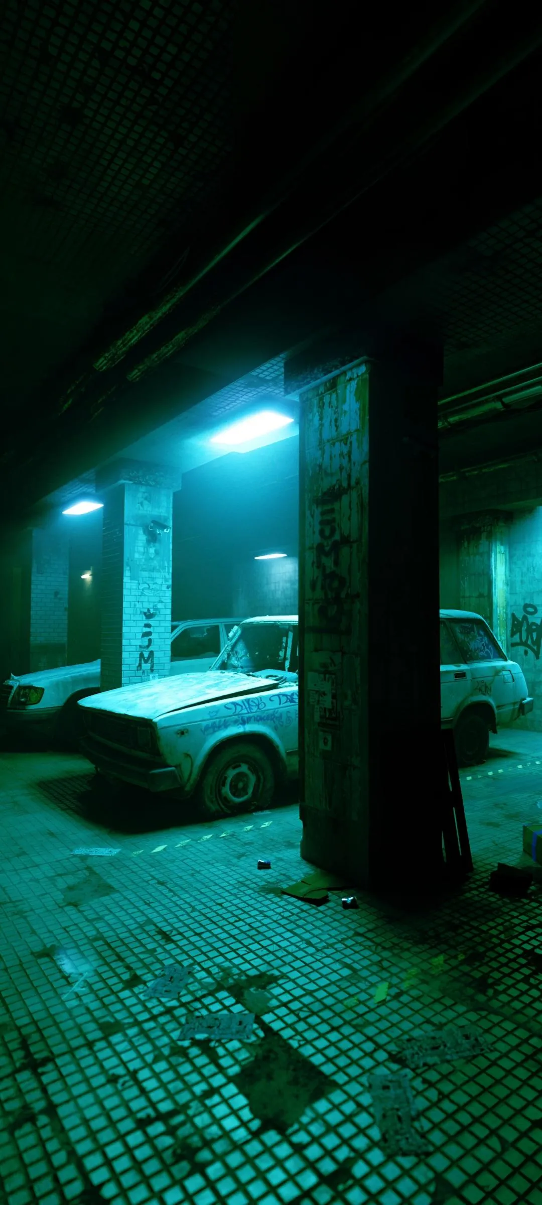 Neon Lit Alley with Moody Green Ambient Lighting Wallpaper