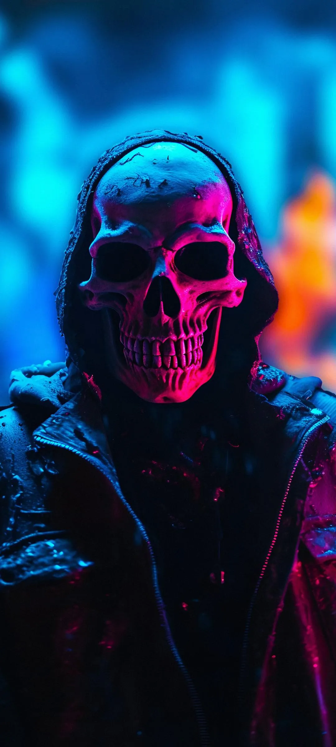 Neon Masked Figure in a Cyberpunk Night Setting Wallpaper