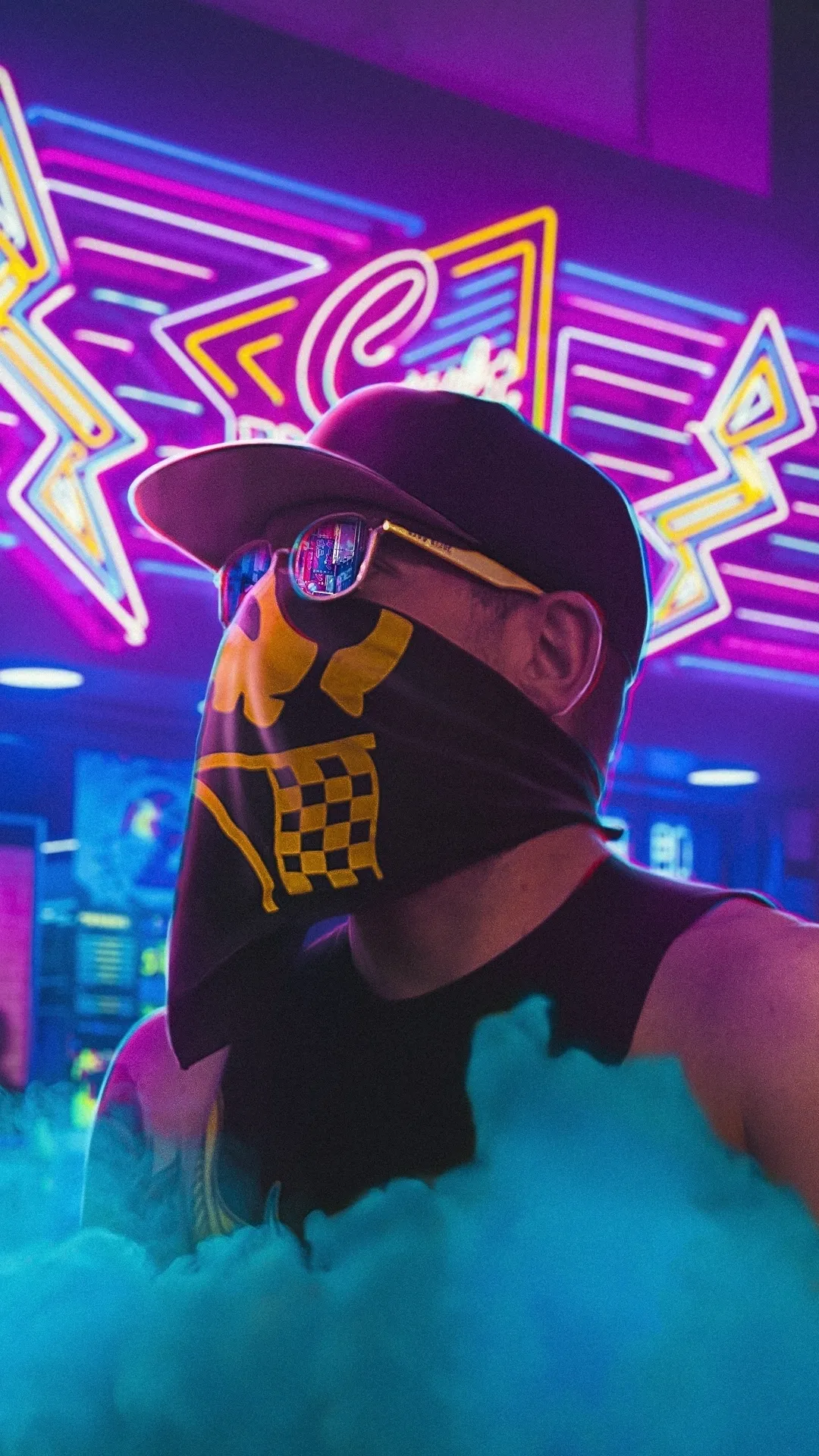 Neon Masked Figure in Futuristic Cyberpunk Street Wallpaper