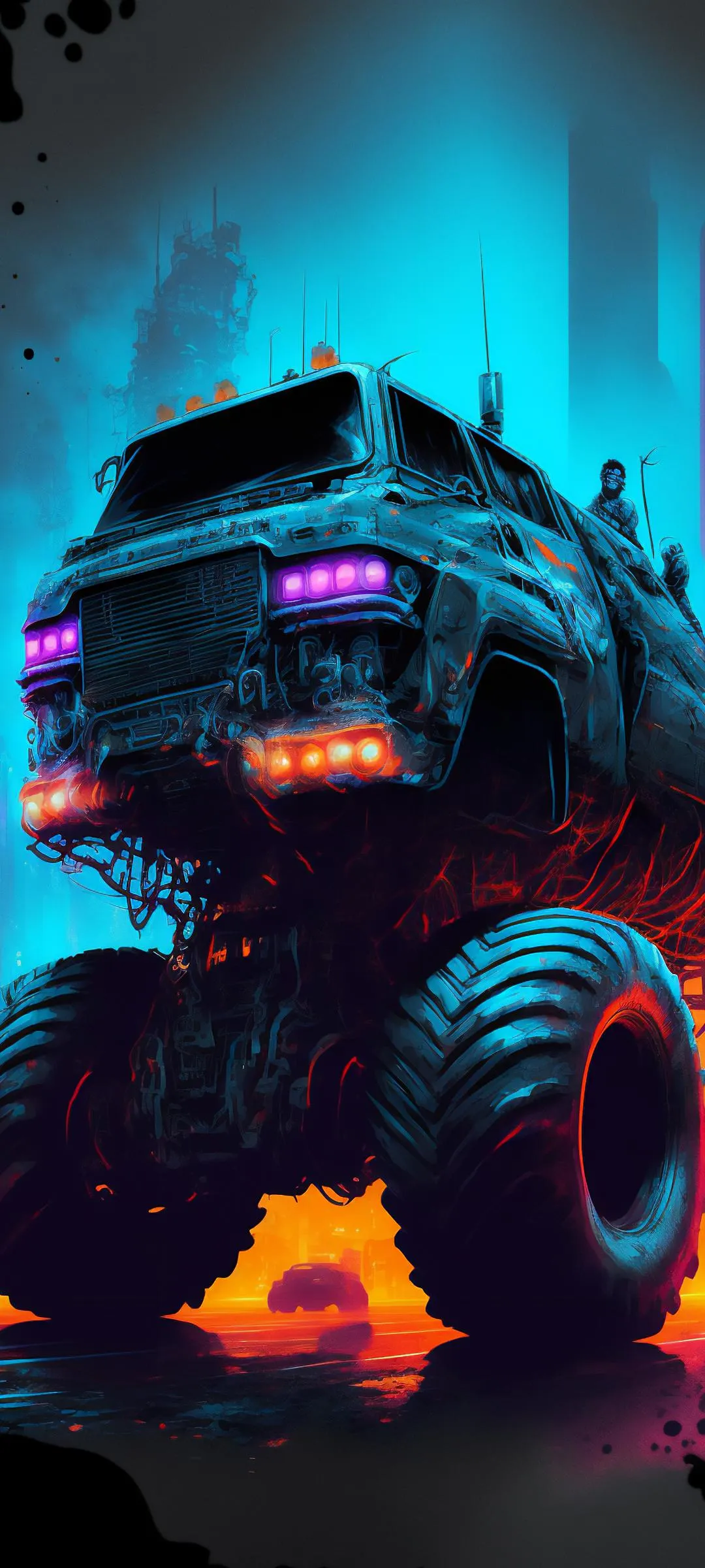 Neon Monster Truck with Glowing Tires in Urban Night Scene