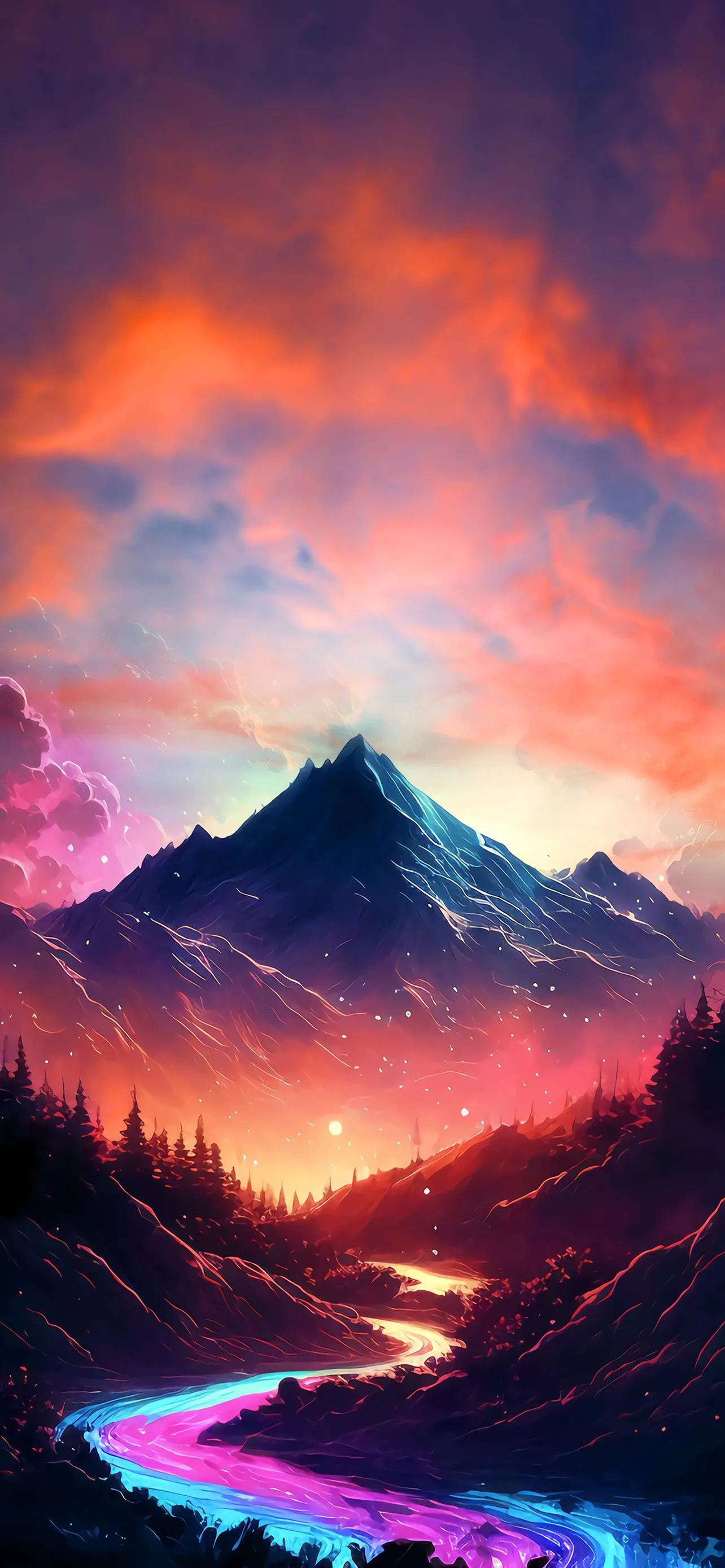 Neon Mountain Sunset with Glowing Sky Horizon Wallpaper