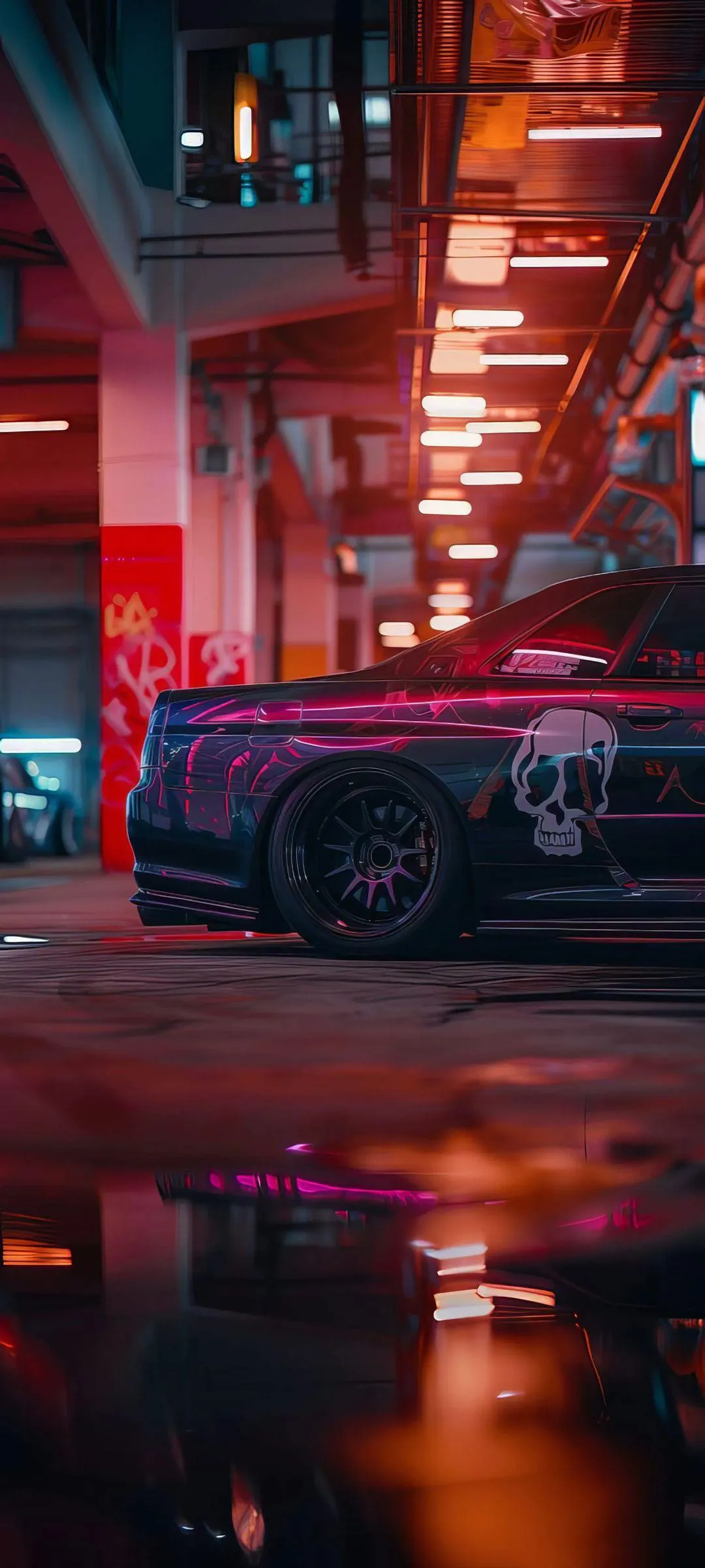 Neon Pink Car in Futuristic City with Rain and Lights