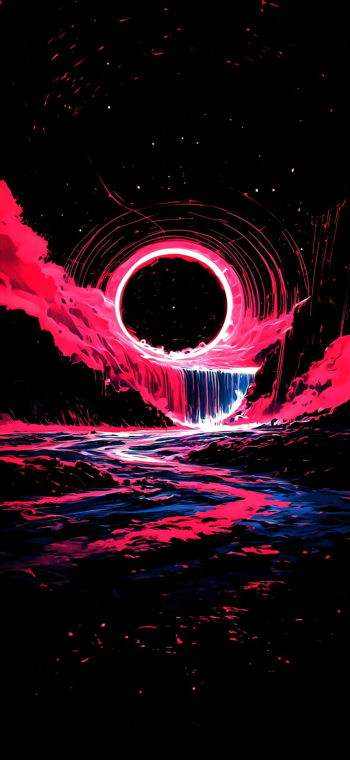 Neon Pink Circle over Water in Surreal Night Scene