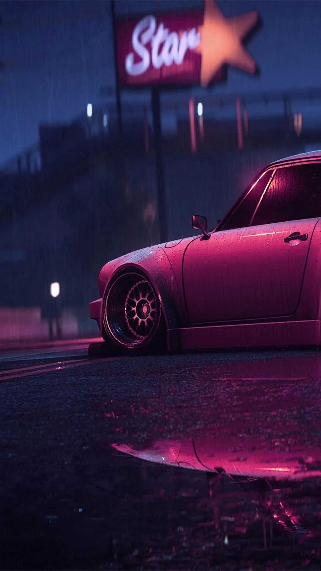 Neon Pink Sports Car Parked under Urban Night Lights