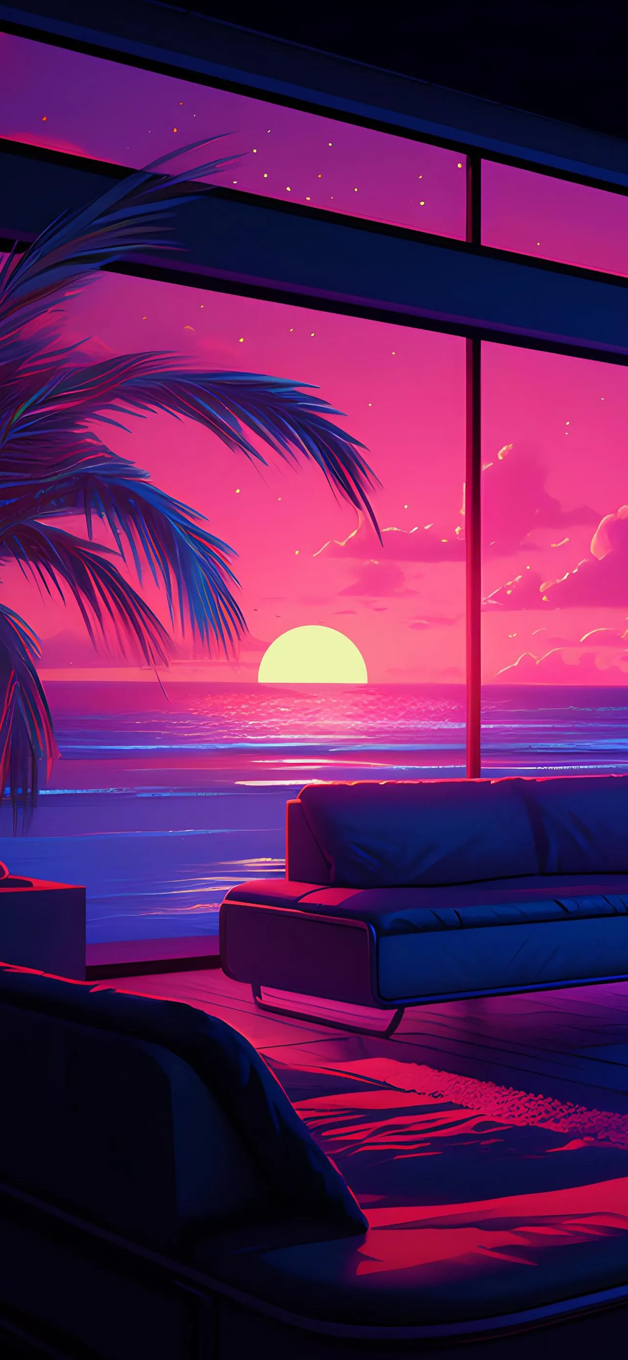 Neon Pink Sunset with Palm Trees free Mobile Wallpaper