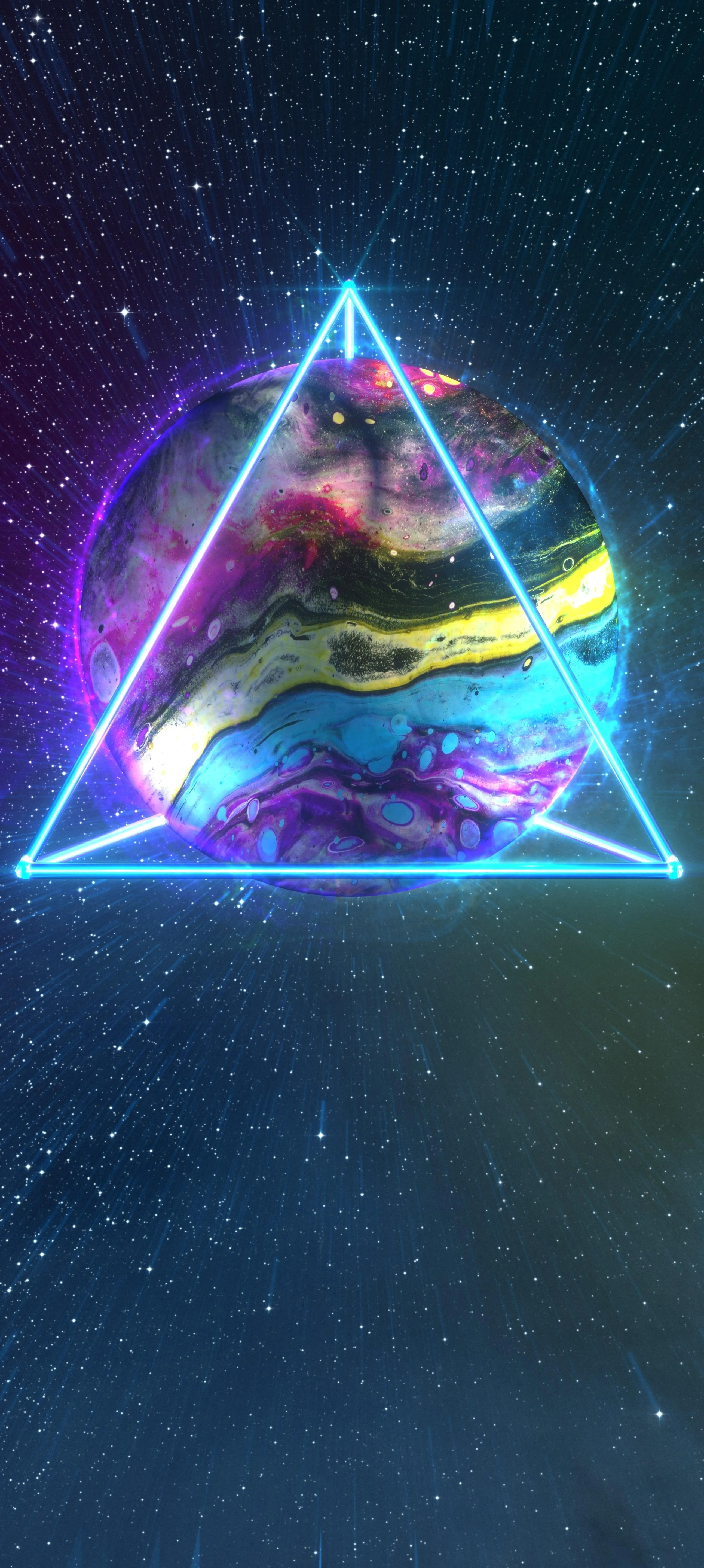 Neon Planet Inside Triangle Frame with Futuristic Lights