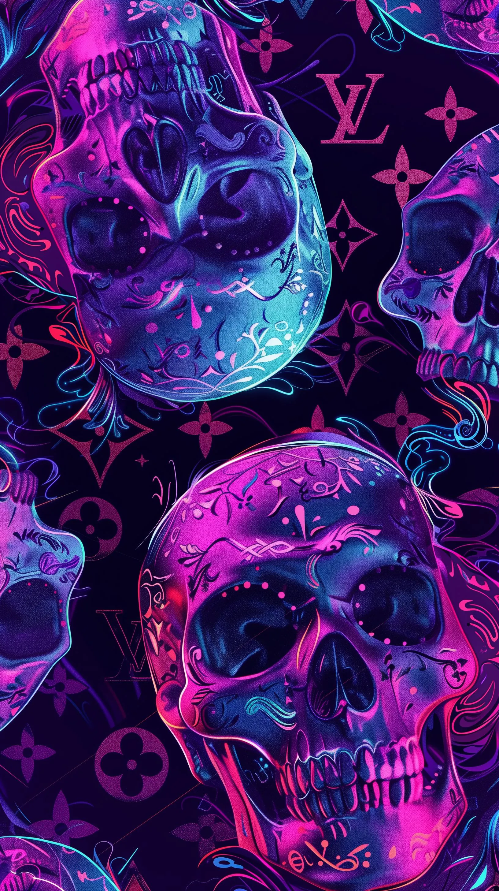 Neon Purple and Blue Skull Digital Art Design Abstract