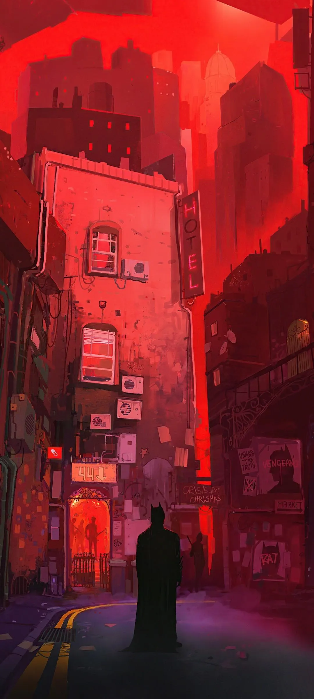 Neon Red City Buildings Glowing in Dark Night Scene