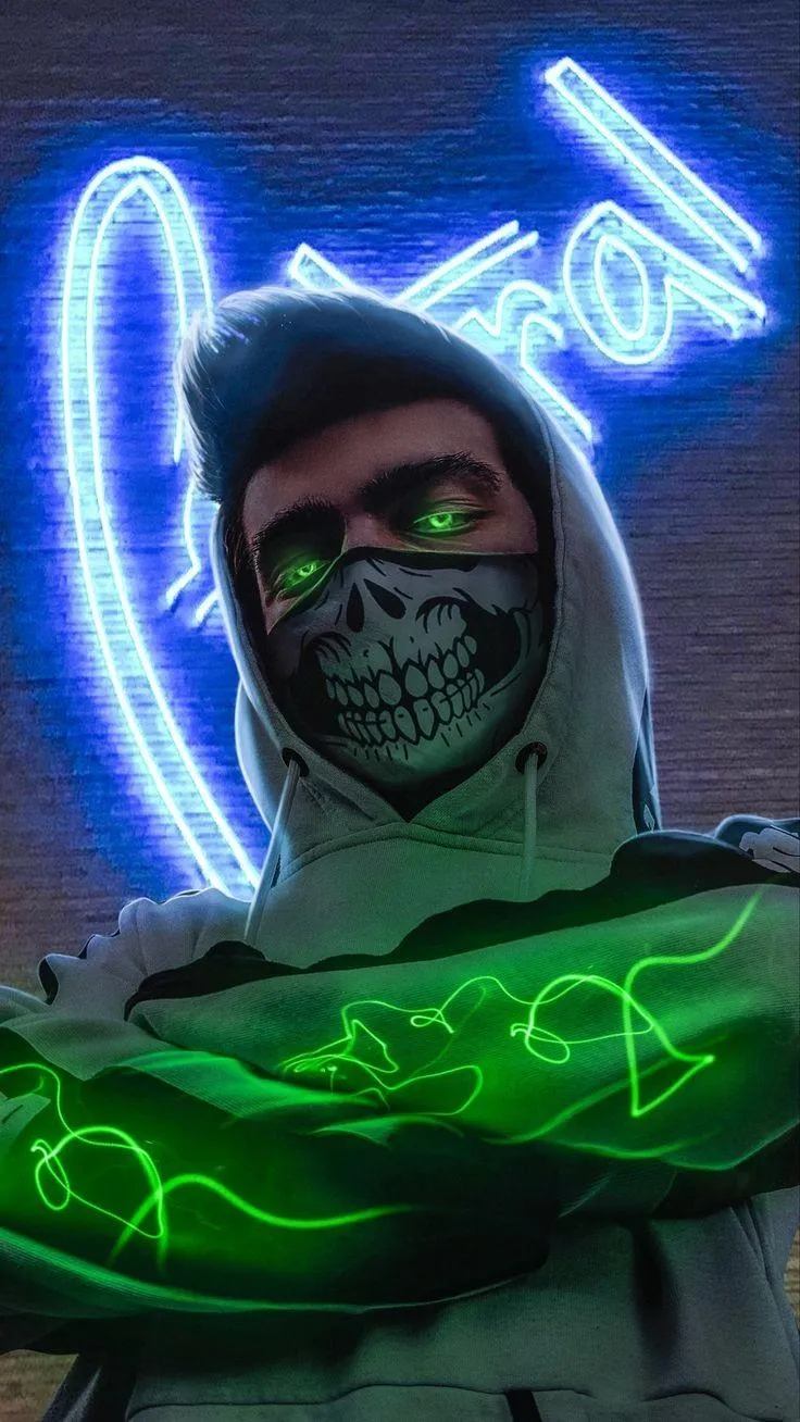 Neon Sign Artwork Featuring Masked Street Figure Wallpaper