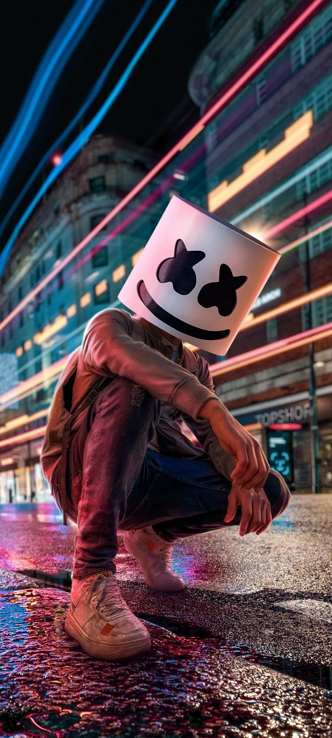 Neon Street Vibes with Person Wearing Marshmello Helmet