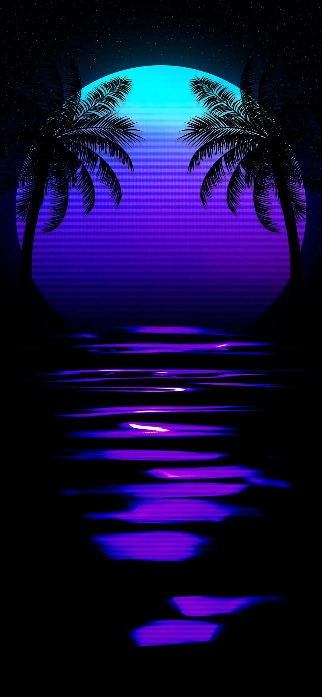 Neon Sunset Reflected on Water with Palm Tree Silhouettes