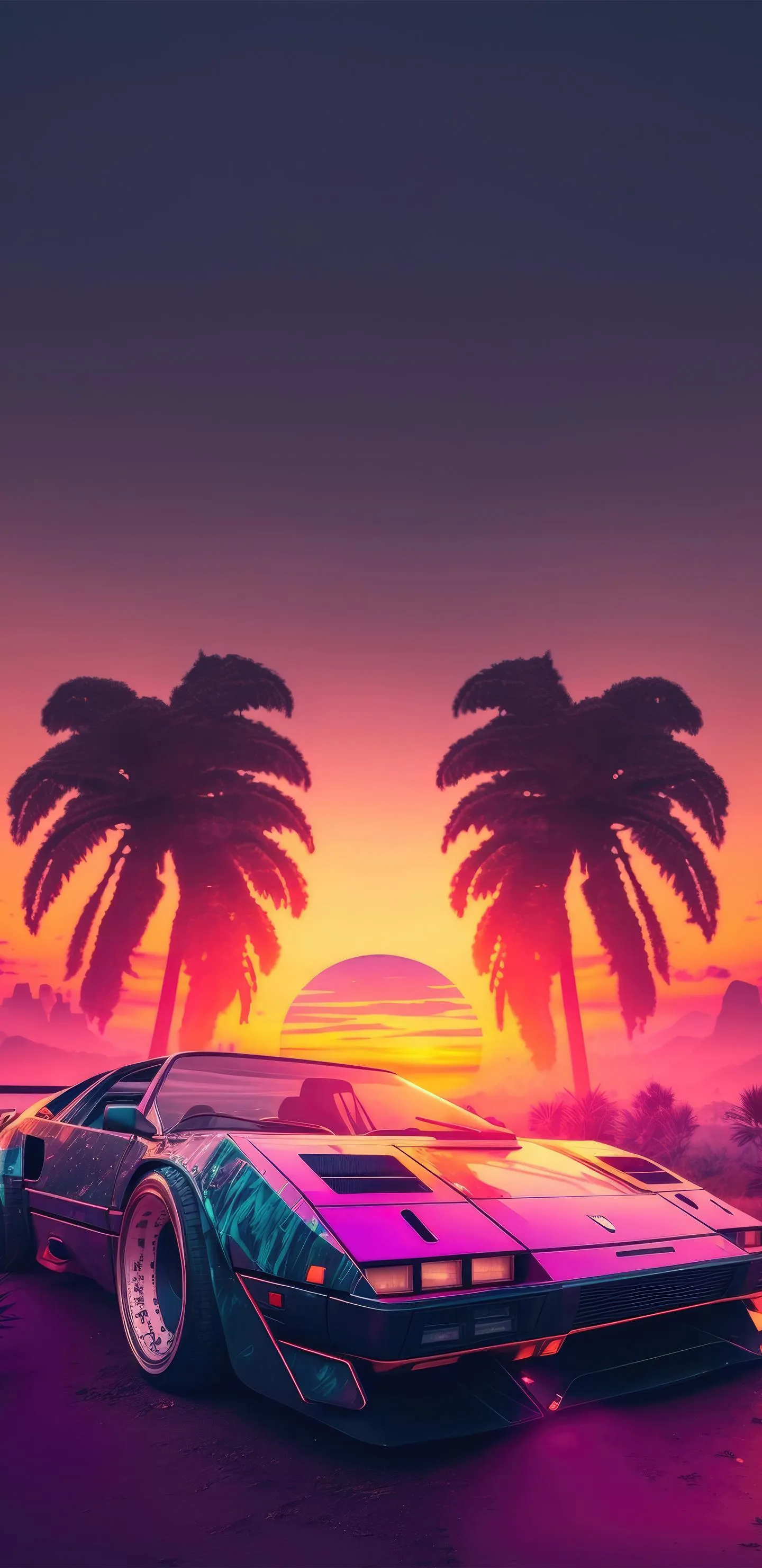 Neon Sunset with Sports Car and Palm Trees in Background