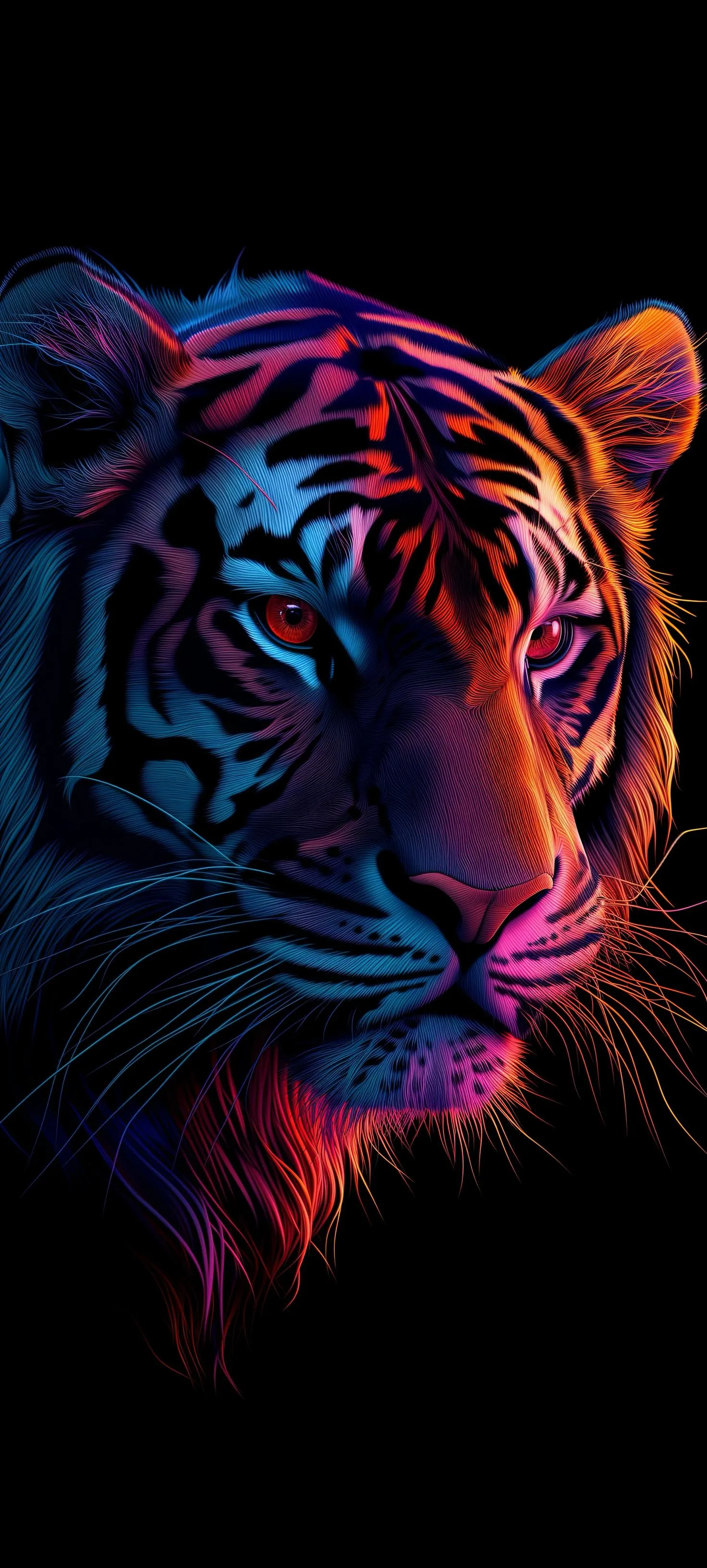 Neon Tiger with Glowing Stripes on Black Background