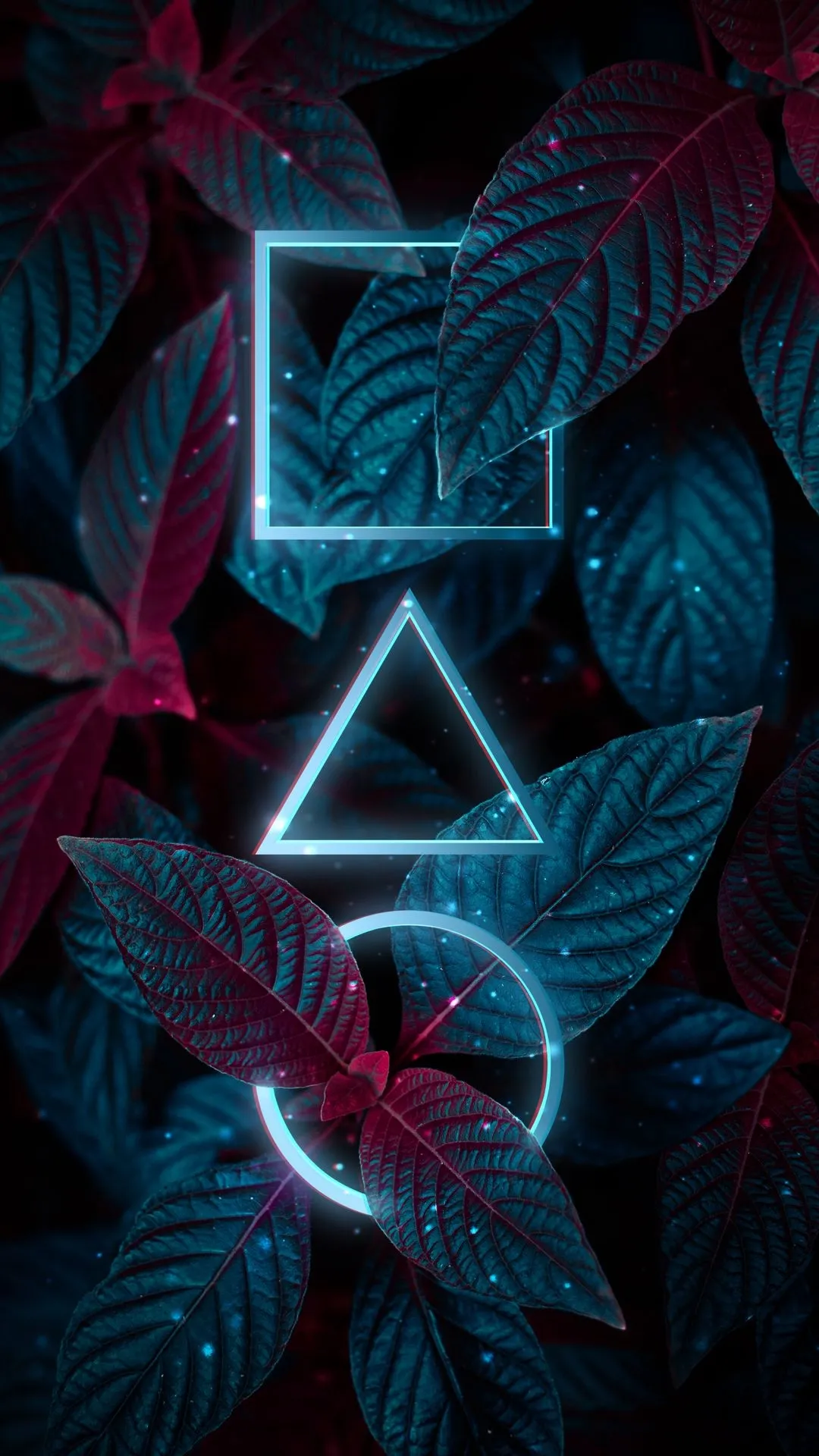 Neon Triangle Art with Dark Foliage Background Wallpaper
