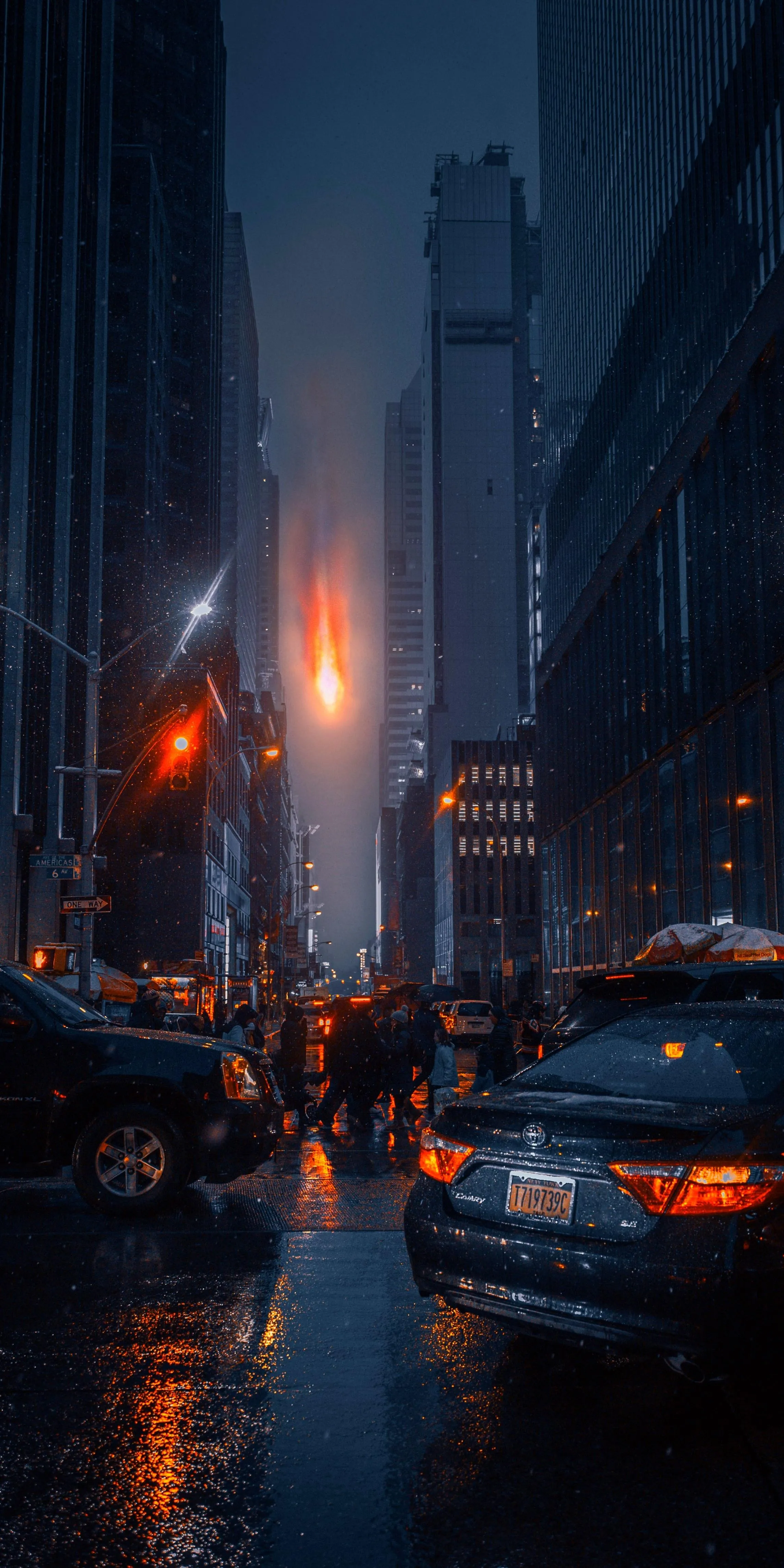 Night City Street Scene with Cars and Wet Road Reflections