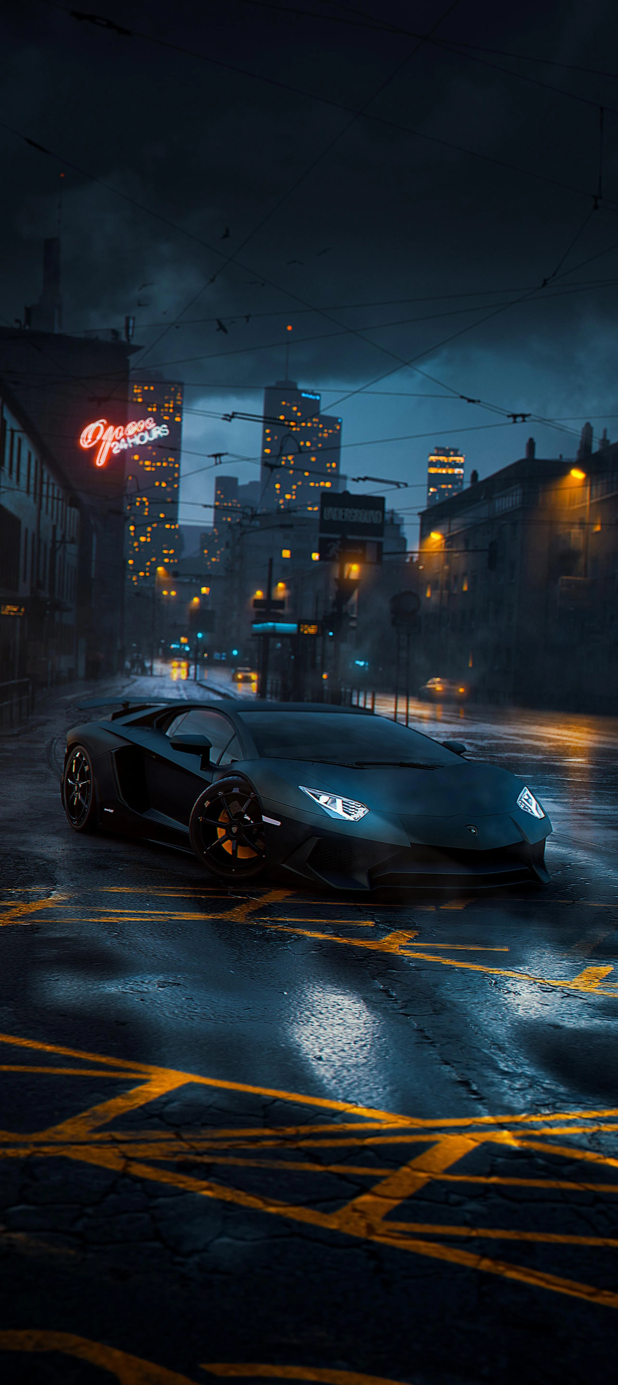 Night Cityscape with Blue Car Racing on Wet Road Wallpaper