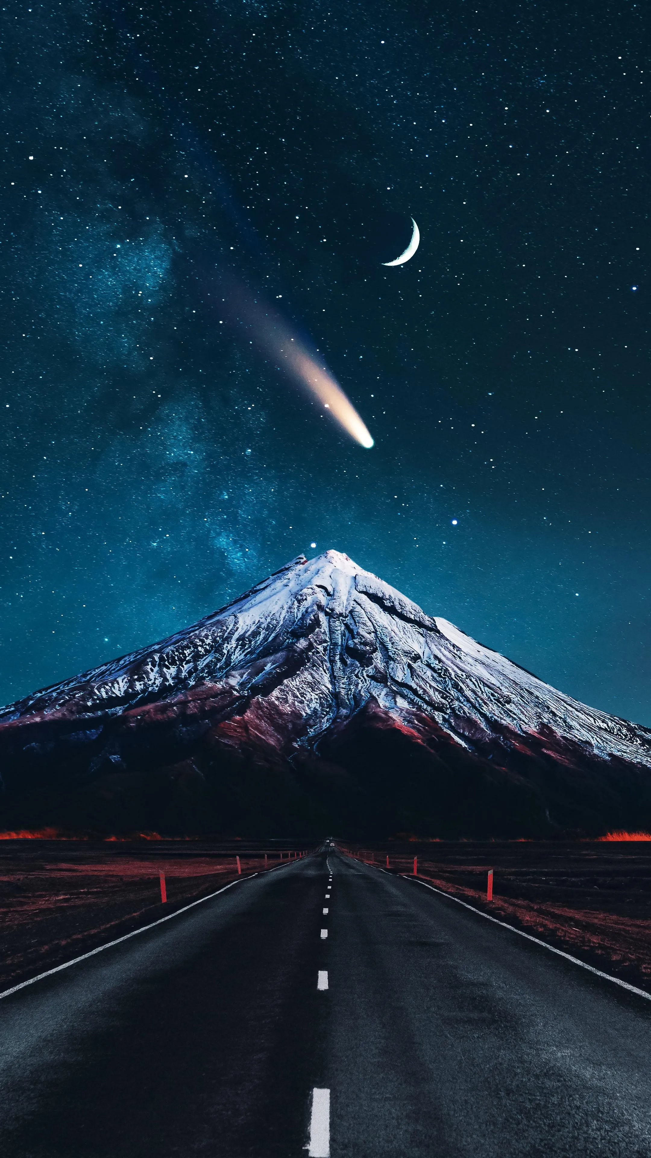 Night Road Leading To Snowy Mountain Under Starry Sky