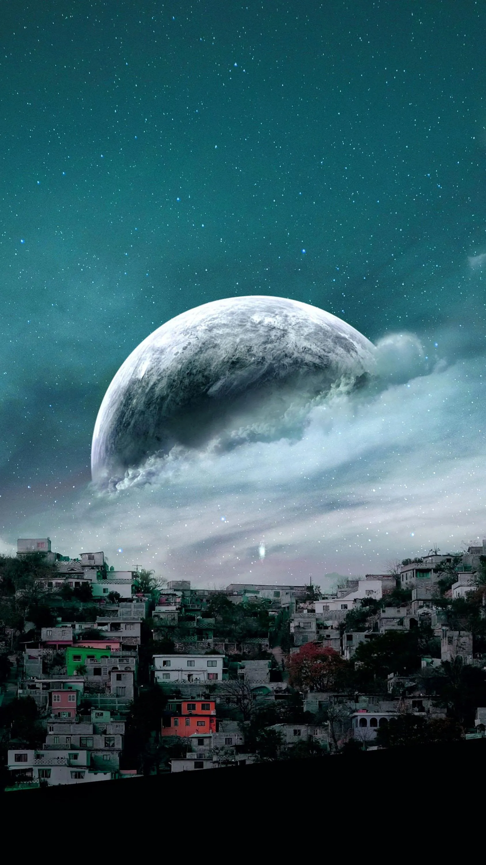Night Sky Over City with Large Moon and Starry Background
