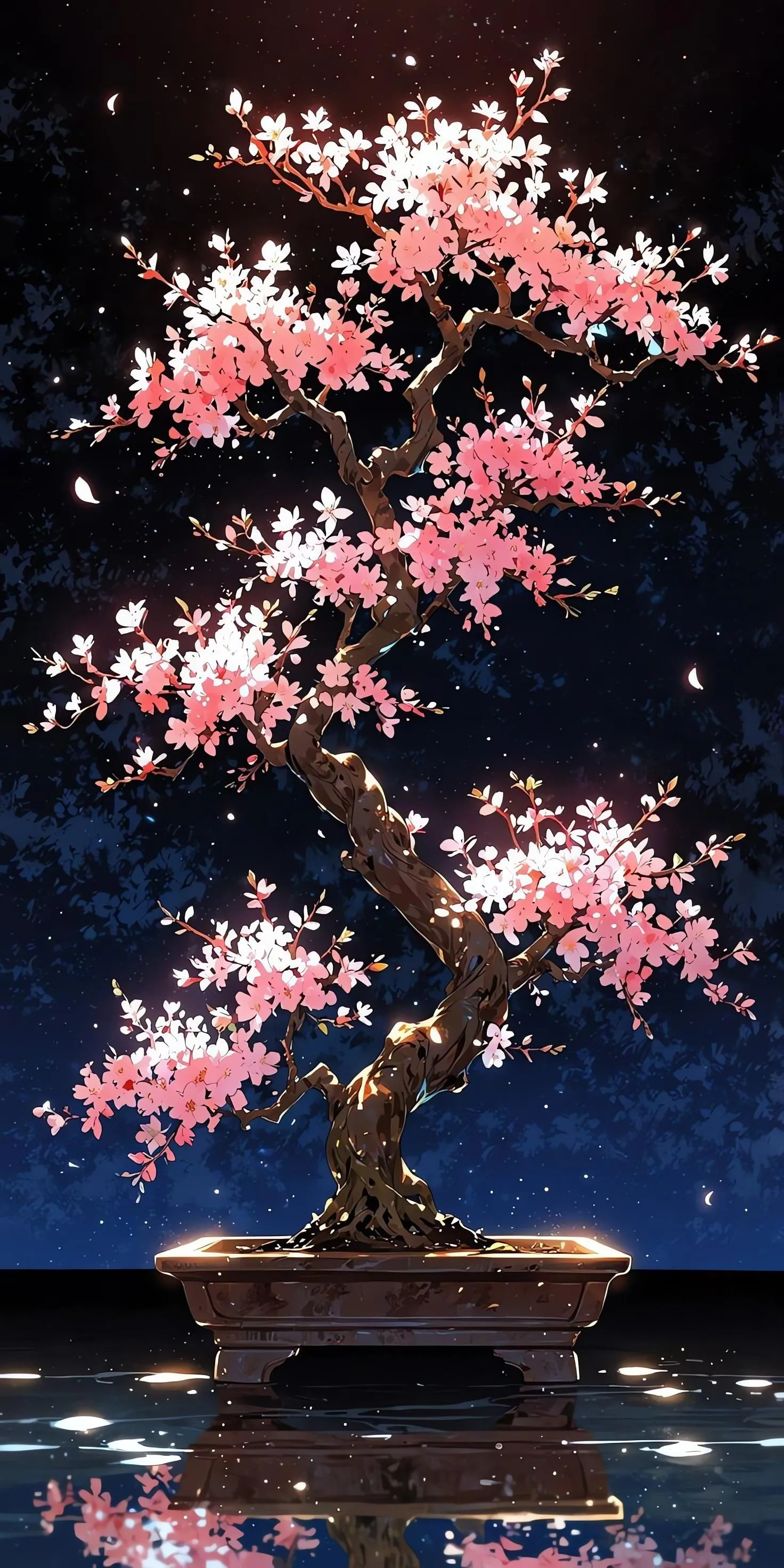 Night View of Cherry Blossom Tree Under Moonlight Wallpaper