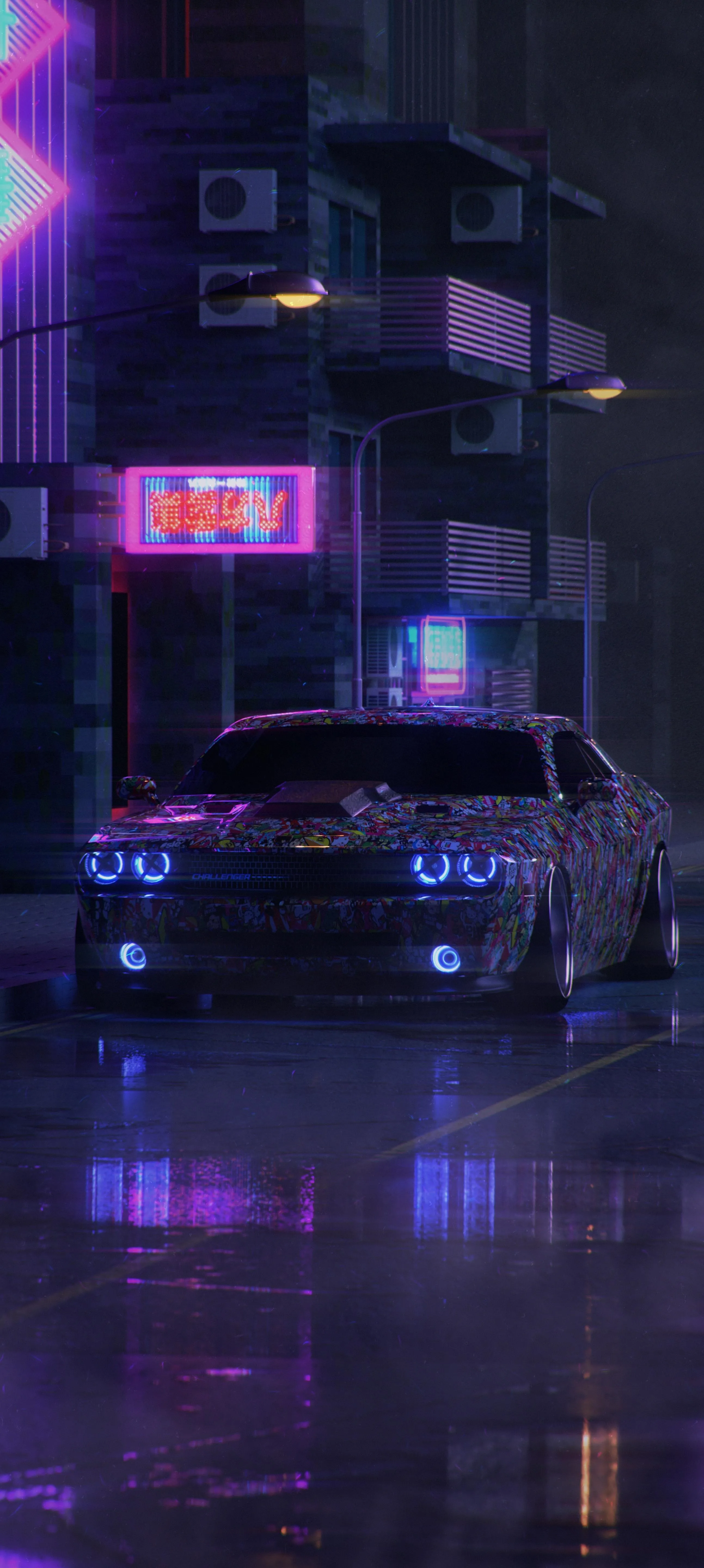 Nighttime Urban Scene with Neon Lights and Parked Car