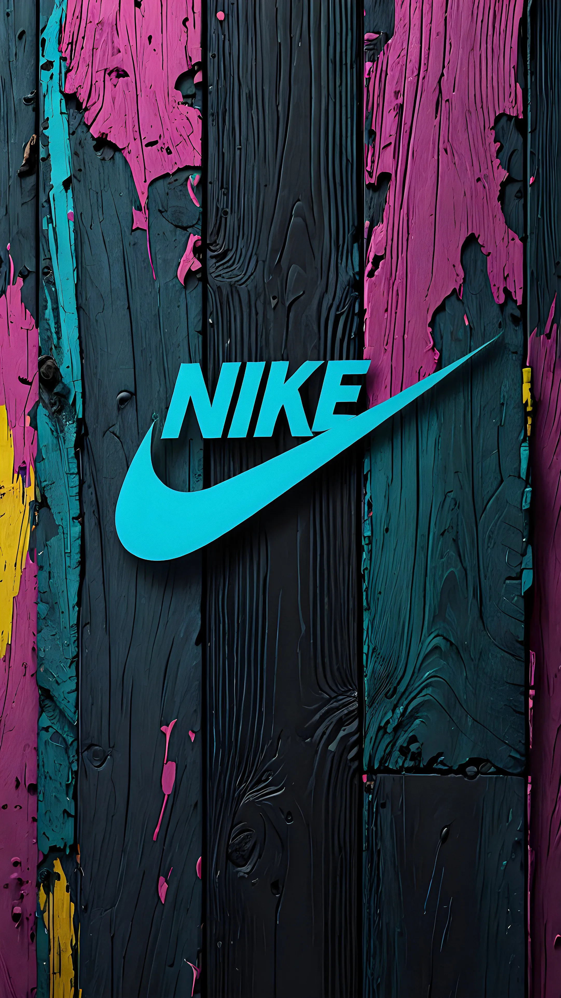 Nike Logo on Weathered Multicolor Painted Wood Wallpaper