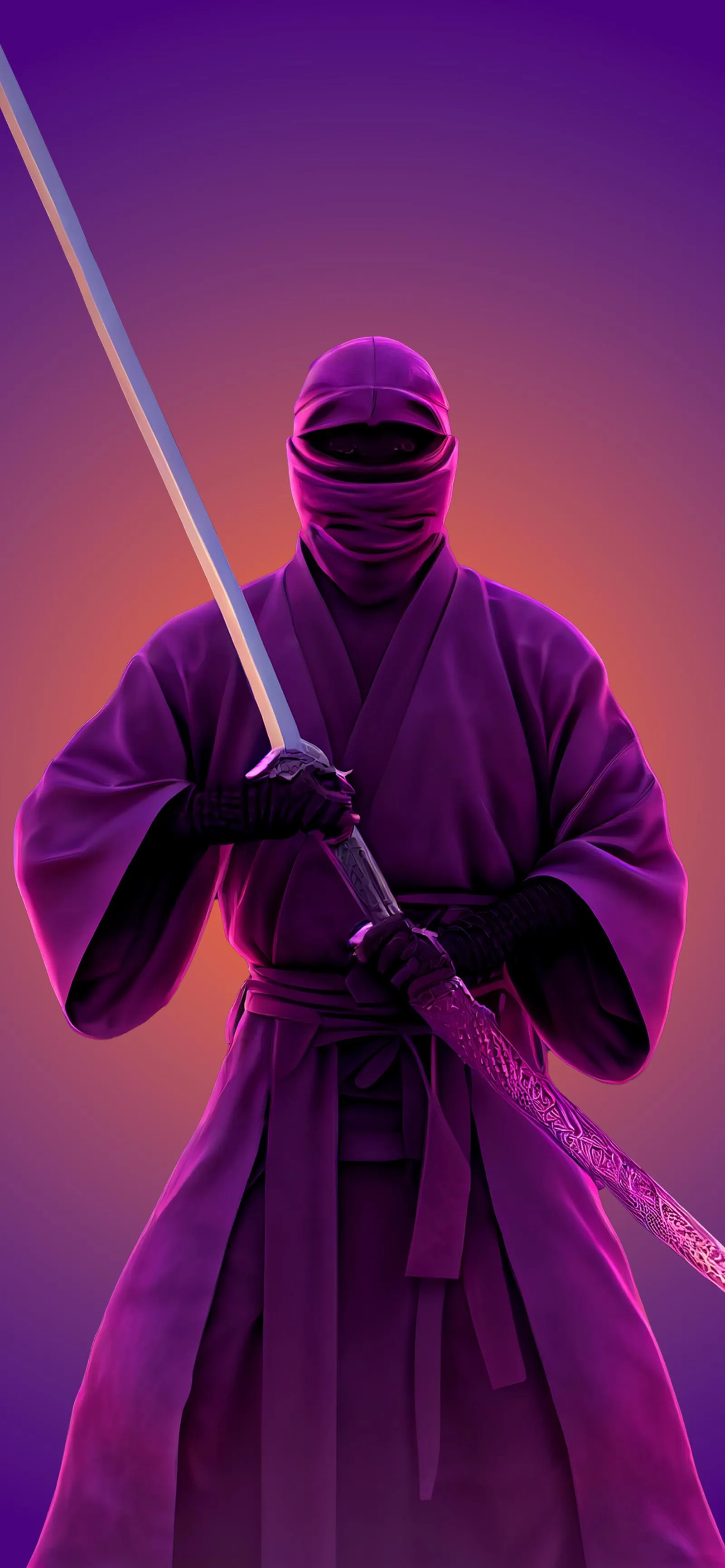 Ninja in Purple Suit Holding Sword in Spotlight Wallpaper
