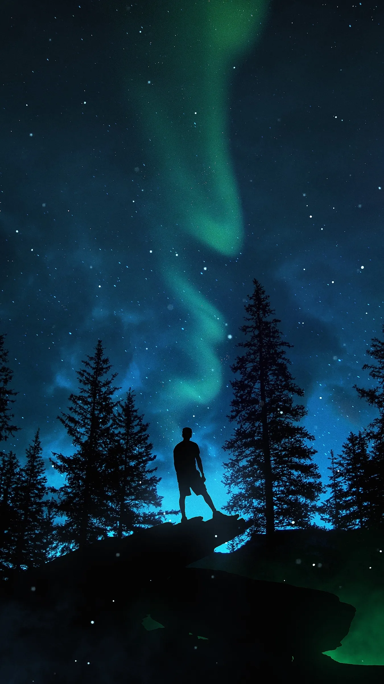 Northern Lights Over Pine Forest Landscape Wallpaper