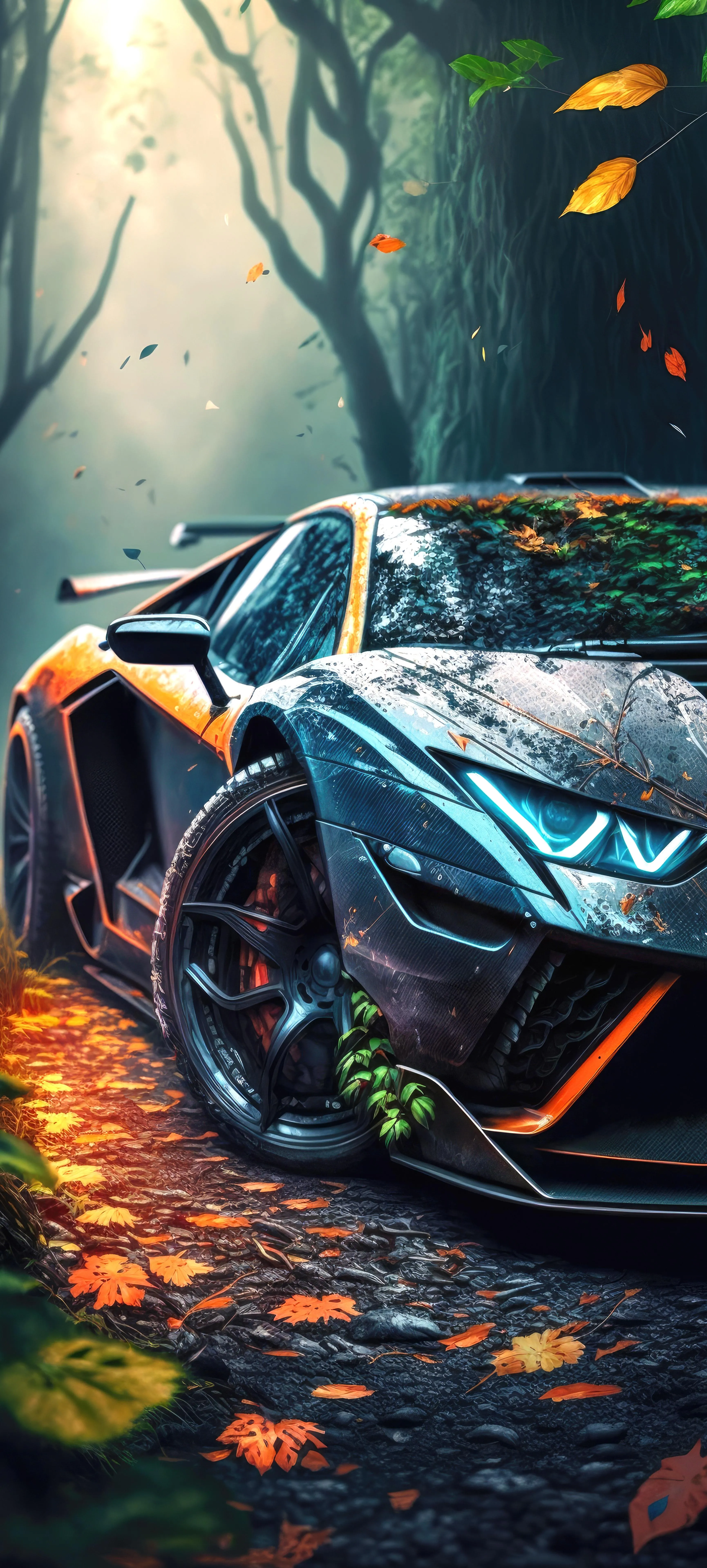 Orange Sports Car Parked on Autumn Road with Leaves