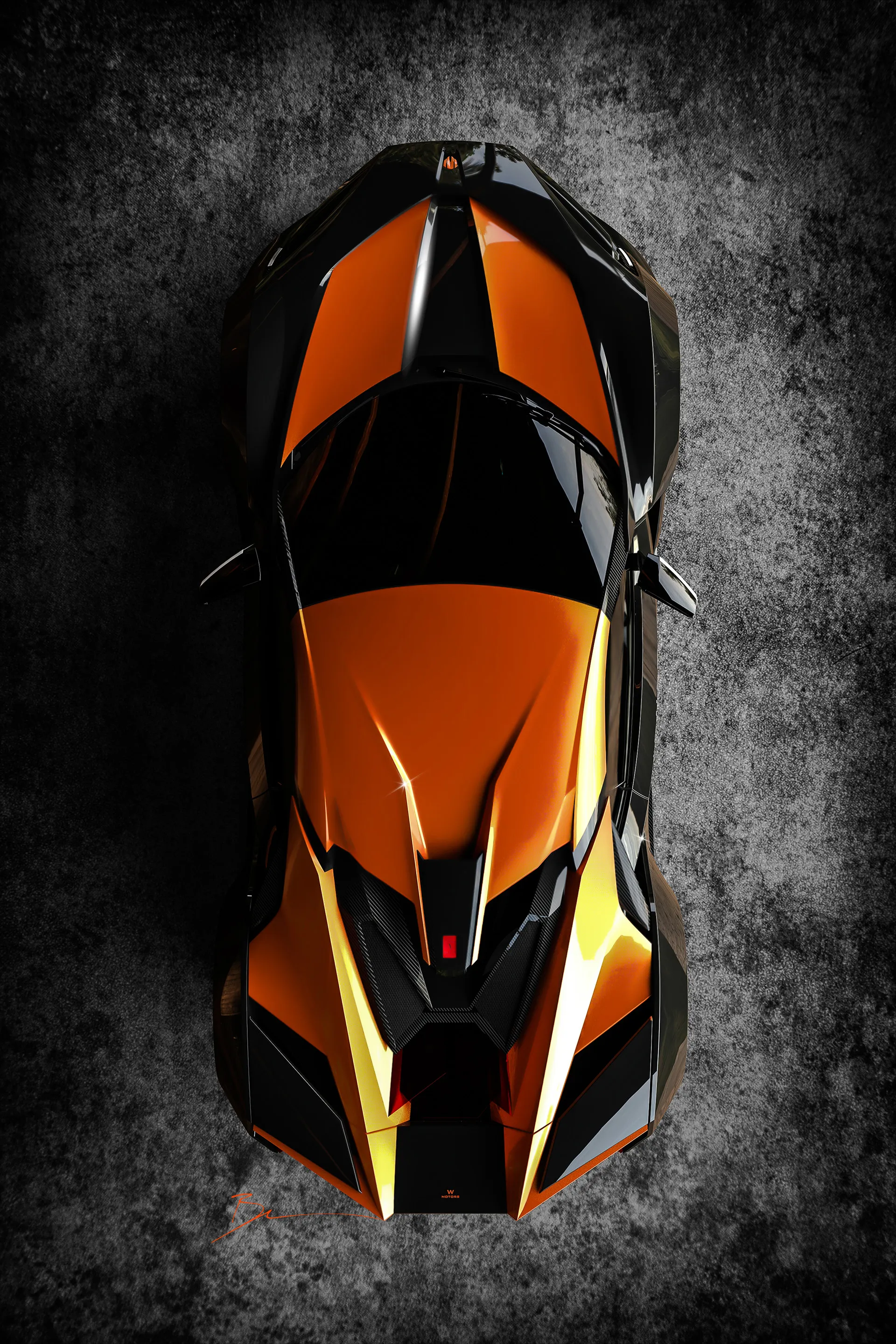 Orange Supercar from Top View on Dark Gray Floor Wallpaper