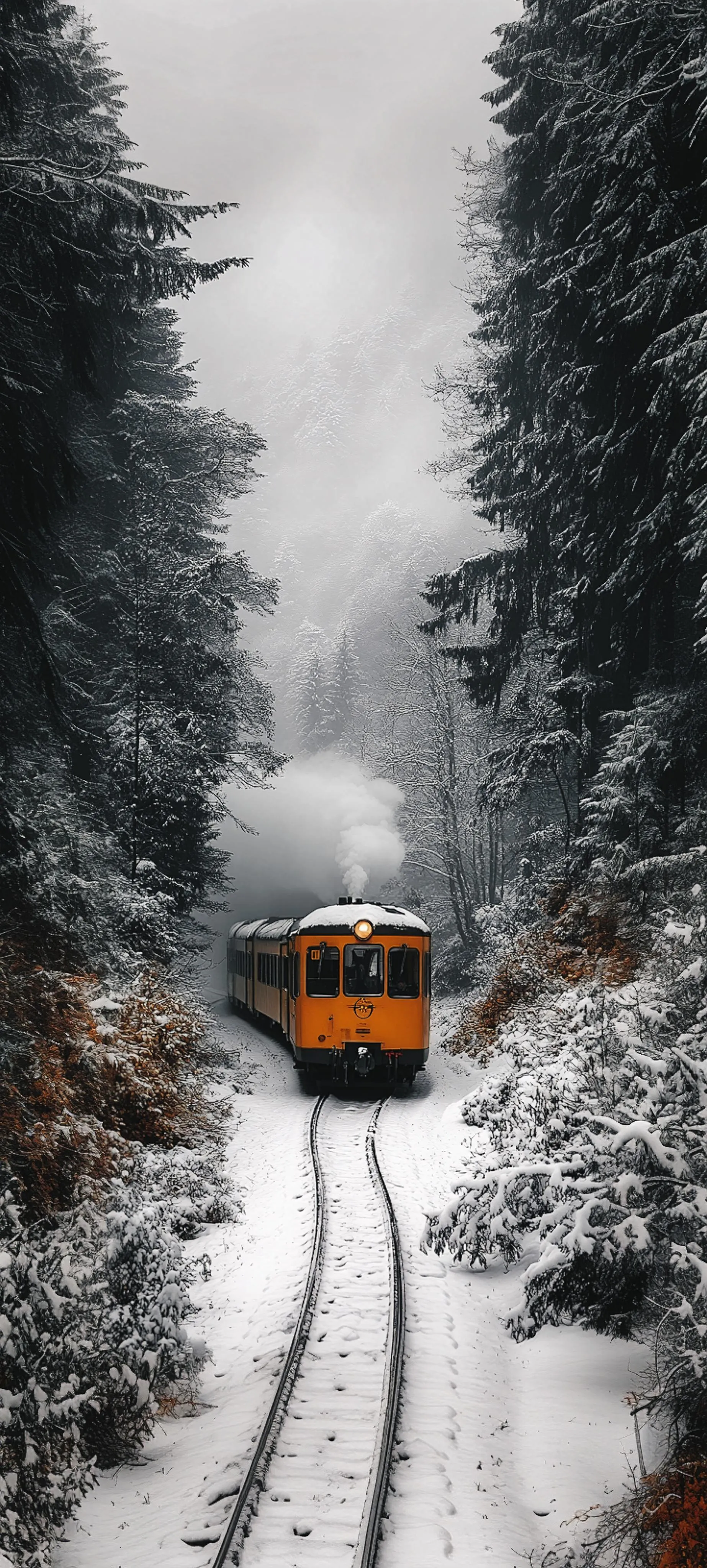 Orange Train on Snowy Forest Track in Winter Morning Image