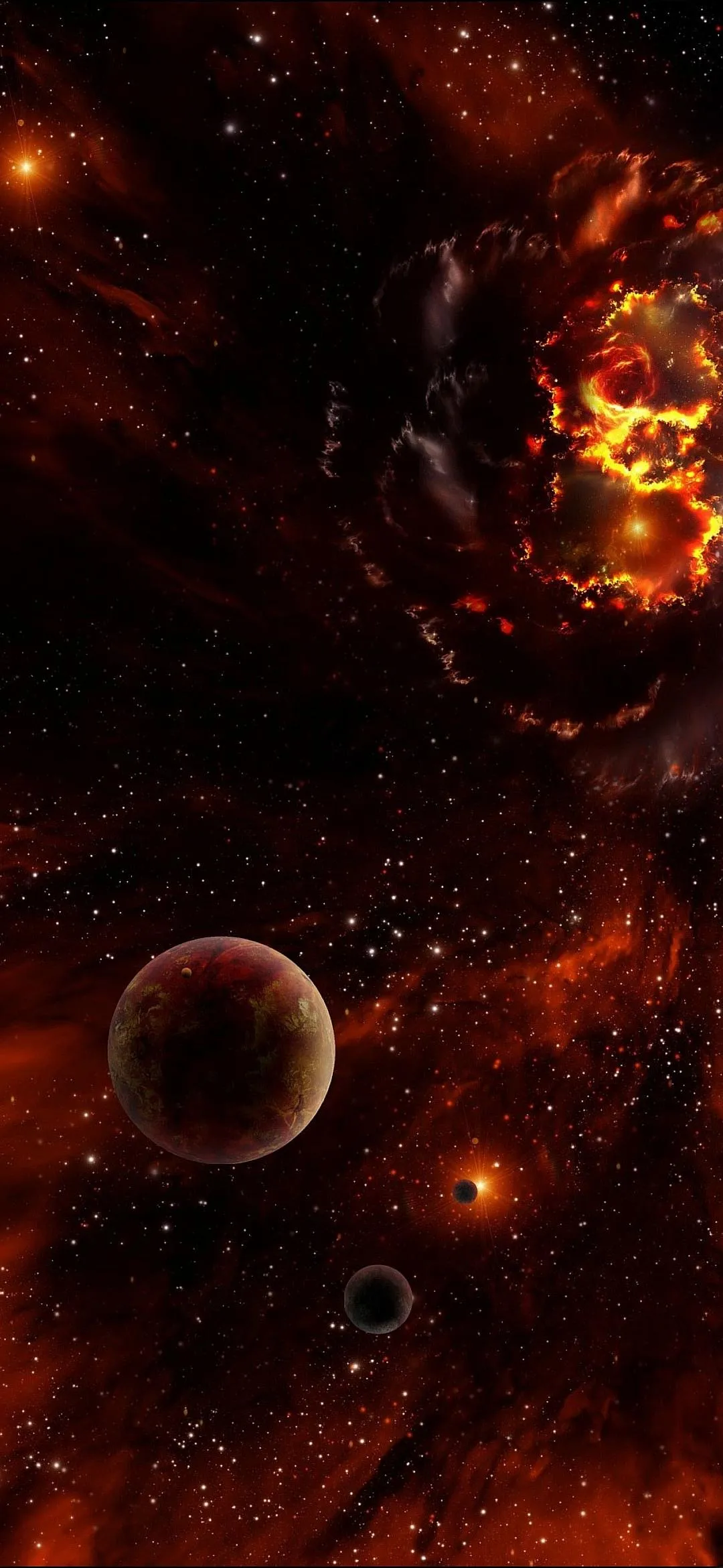 Outer Space Scene with Fiery Planet and Dark Atmosphere