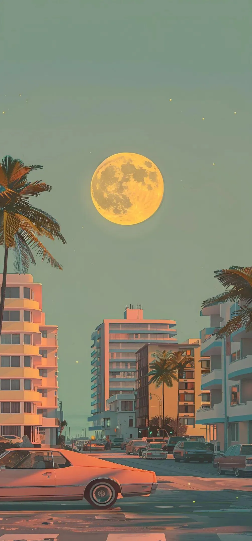 Palm Tree City Street with Orange Moon Evening Wallpaper