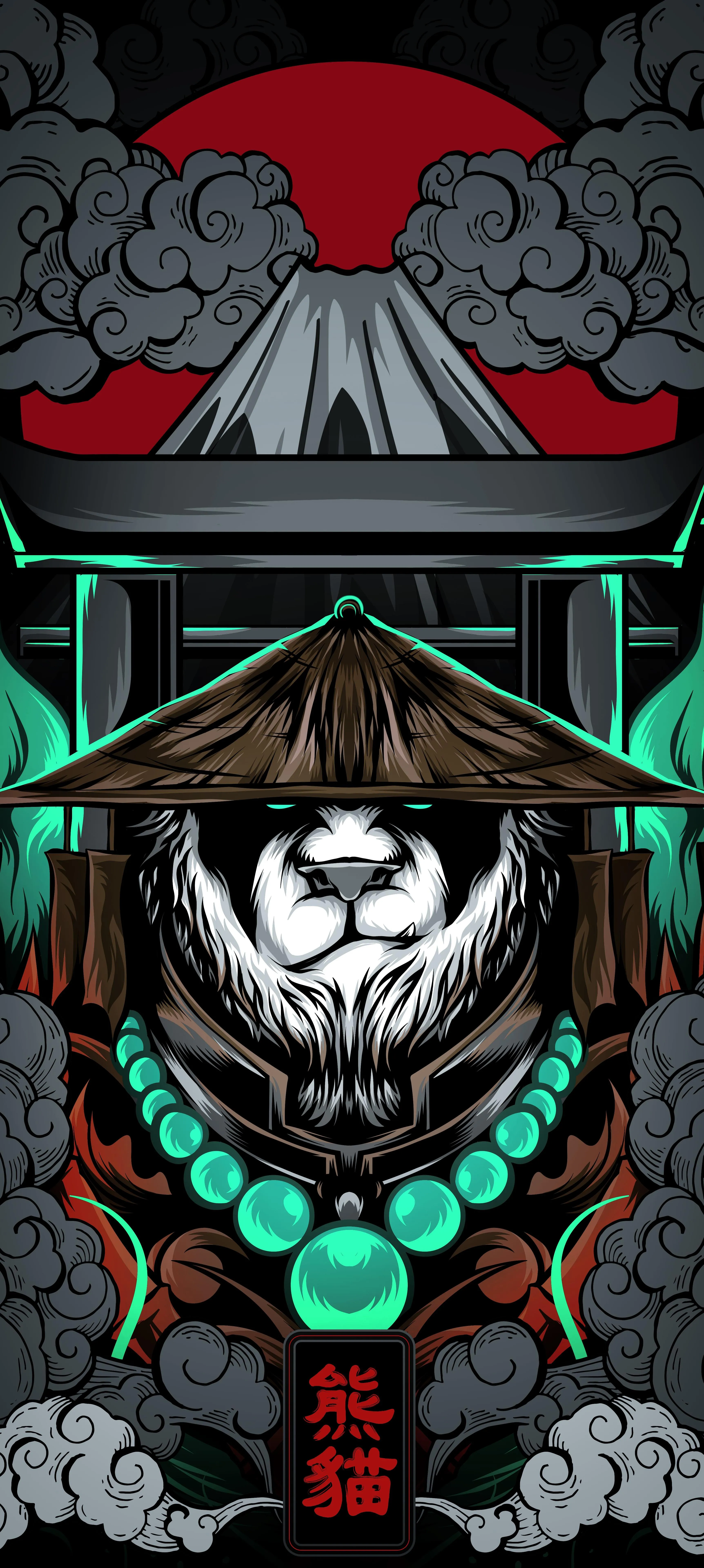 Panda Warrior Wearing Traditional Hat and Glowing Necklace