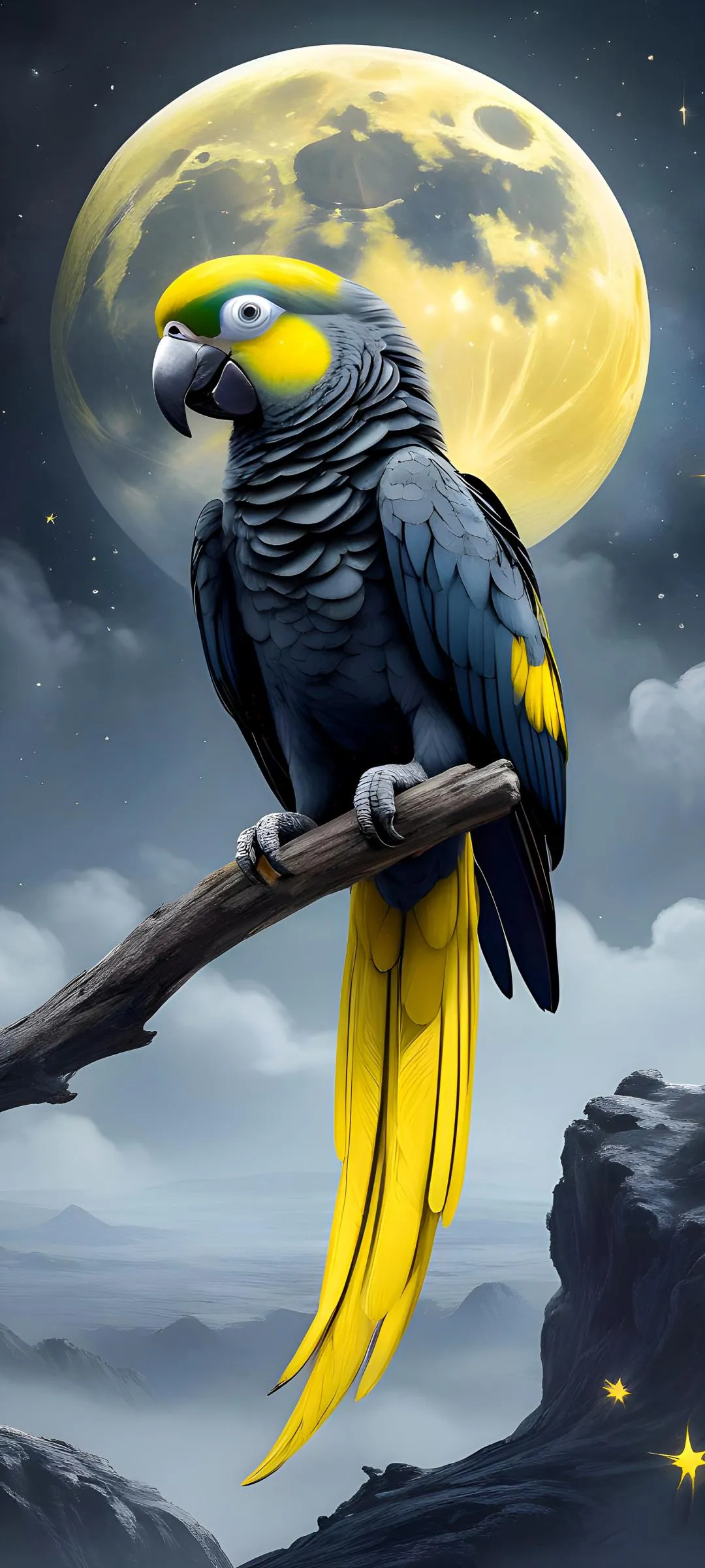Parrot Perched Under Moonlit Sky with Feathers Bright
